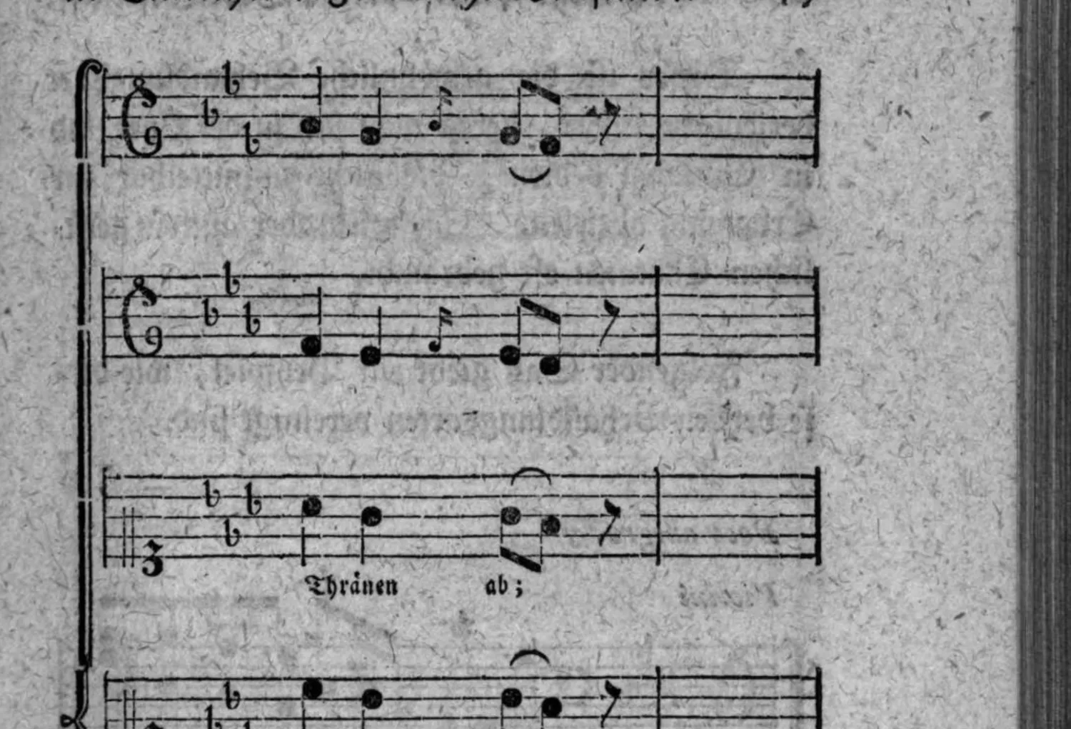 Notenbeyspiel: Schluß der Partitur; Violi 1., Violi 2. und Sop. (mit Textunterlegung »Thränen ab;«)
