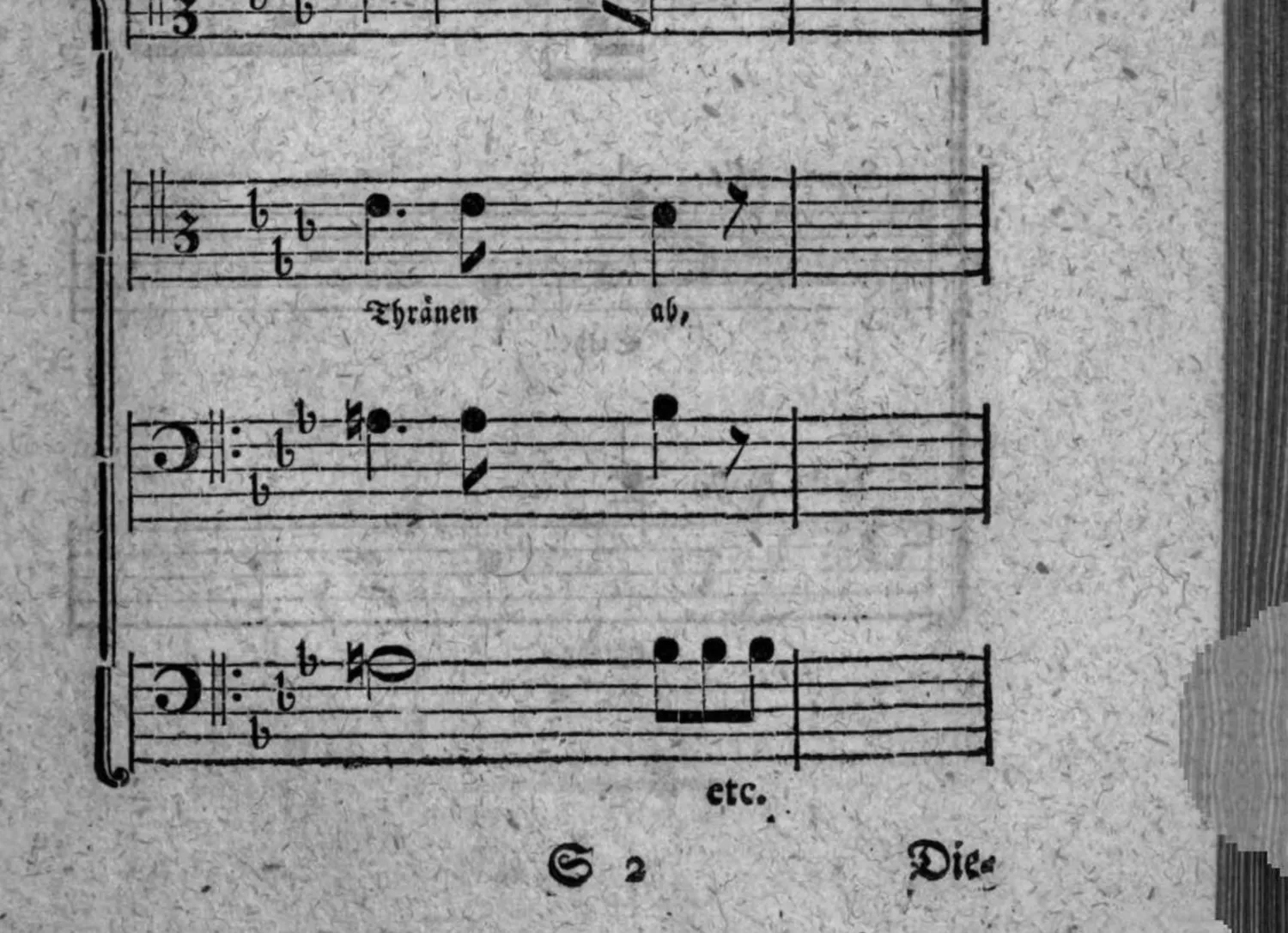 Notenbeyspiel: Schluß der Partitur; Alt., Ten. (mit Textunterlegung »Thränen ab,«), Baf. und Fond. (mit »etc.« am Schluß), endet mit Doppelstrich