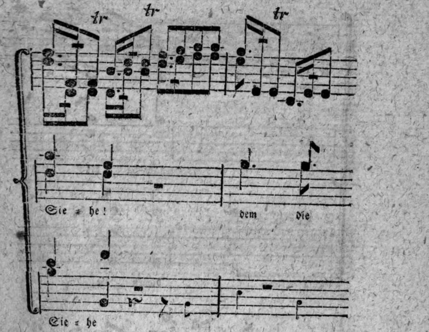 Notenbeyspiel: Fortsetzung; Violini, Sopr: Alt: (mit Textunterlegung »Sie = he ! ... dem die«) und Ten: Basso (mit Textunterlegung »Sie = he«)