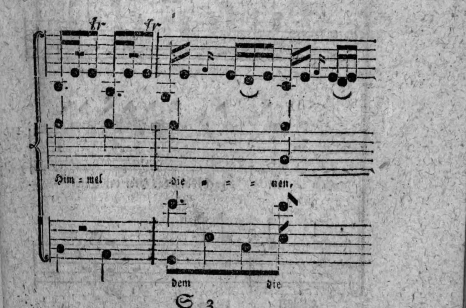 Notenbeyspiel: Fortsetzung; Violini, Sopr: Alt: (mit Textunterlegung »Him = mel = die = = = ren,«) und Ten: Basso (mit Textunterlegung »dem die«)