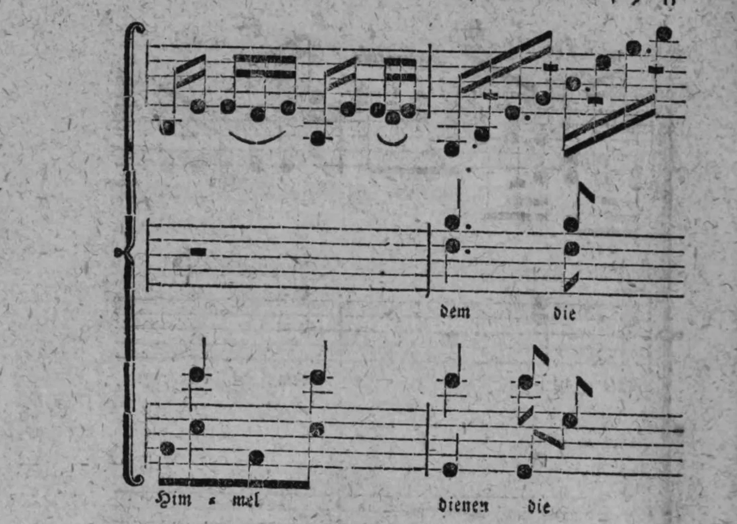 Notenbeyspiel: Fortsetzung; Violini, Sopr: Alt: (mit Textunterlegung »dem die«) und Ten: Basso (mit Textunterlegung »Him = mel ... dienen die«)