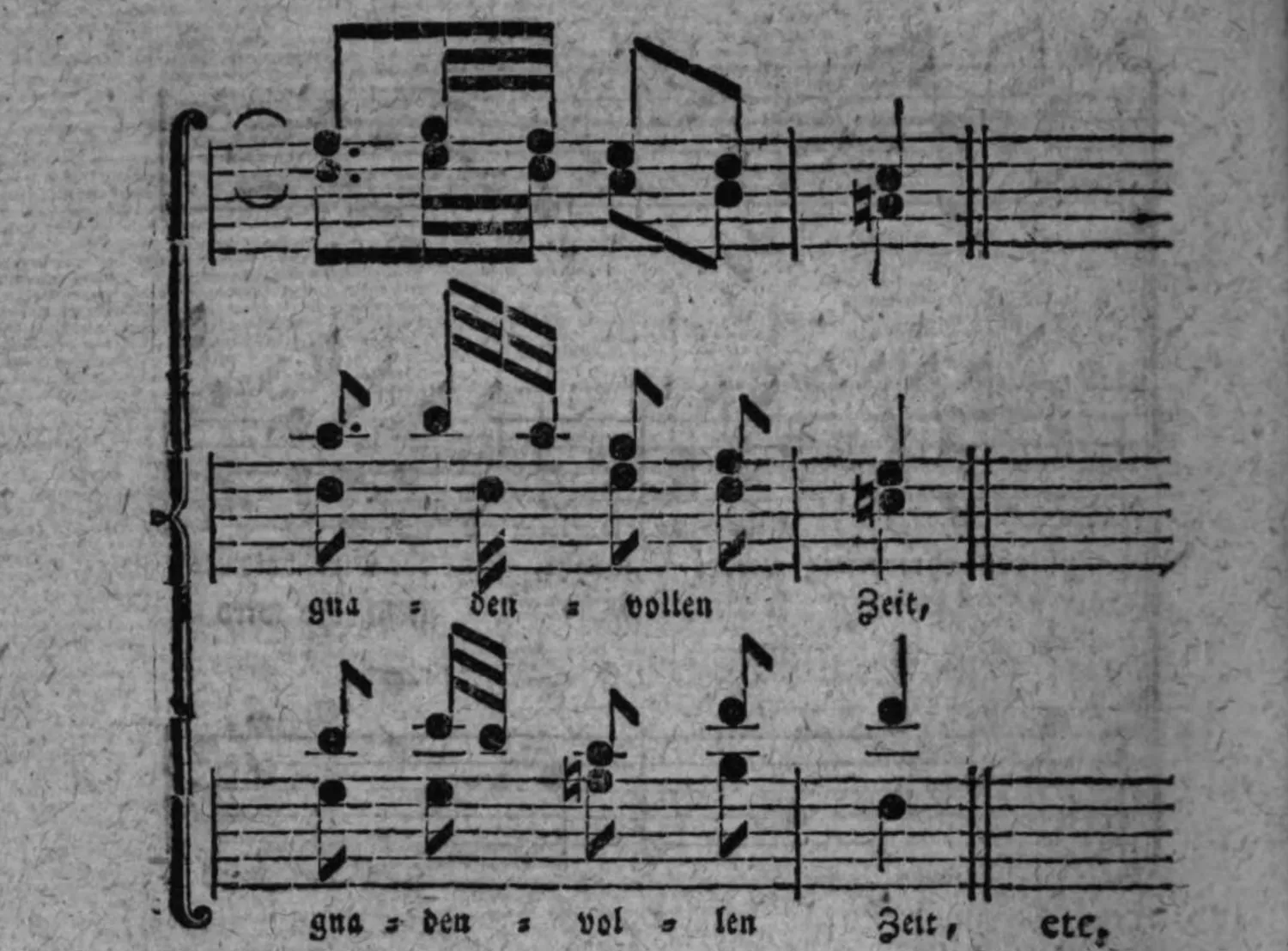 Notenbeyspiel: Schluß der Partitur, drey Systeme mit Textunterlegung »gna = den = vollen Zeit,« bzw. »gna = den = vol = len Zeit, etc.«, endet mit Doppelstrich
