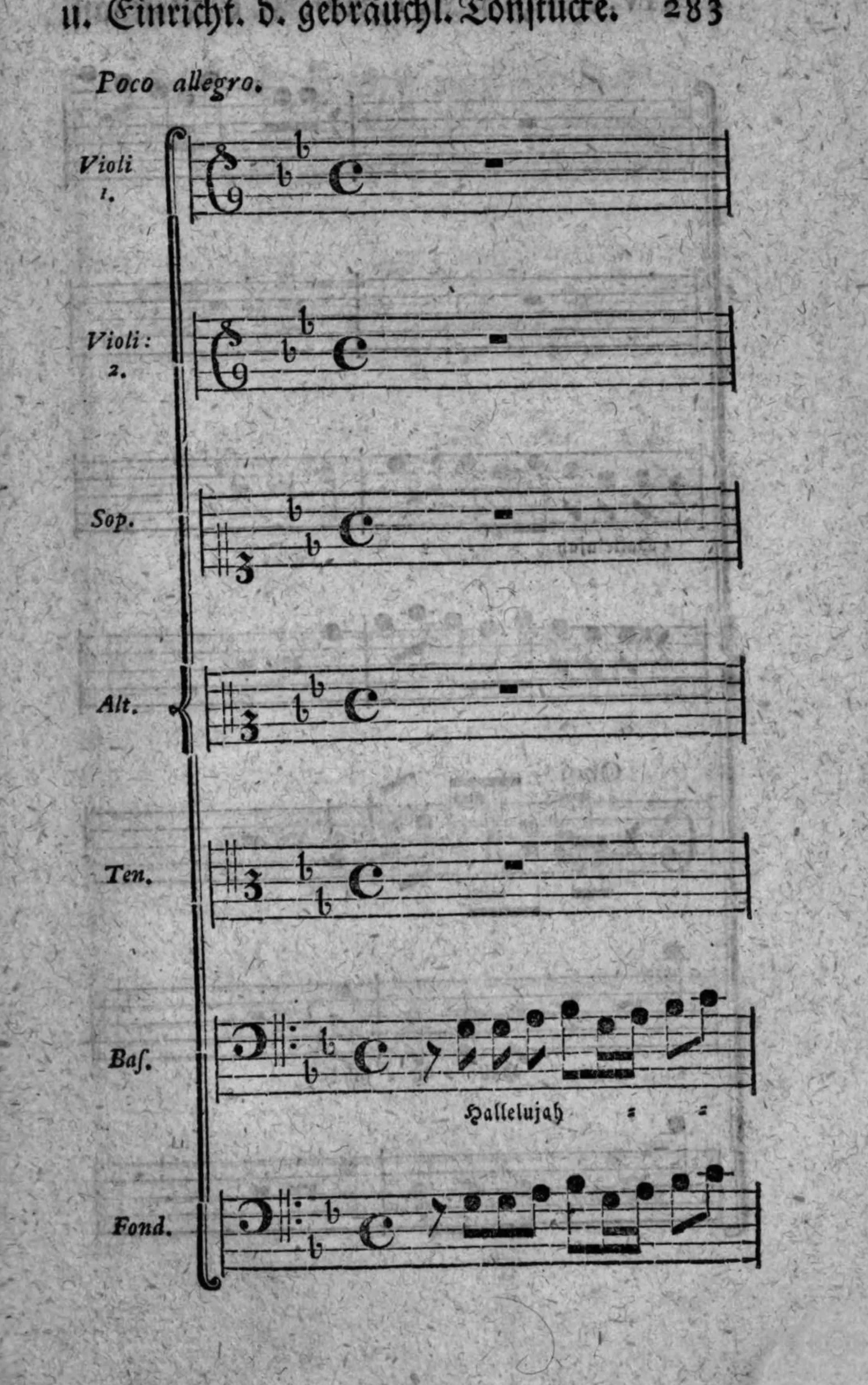 Notenbeyspiel: »Poco allegro.«, Partitur mit sieben Systemen (Violi 1., Violi 2., Sop., Alt., Ten., Bas., Fond.); Violi 1., Violi 2., Sop., Alt. und Ten. mit ganztaktigen Pausen, Bas. und Fond. mit Einsatz (mit Textunterlegung »Hallelujah«)