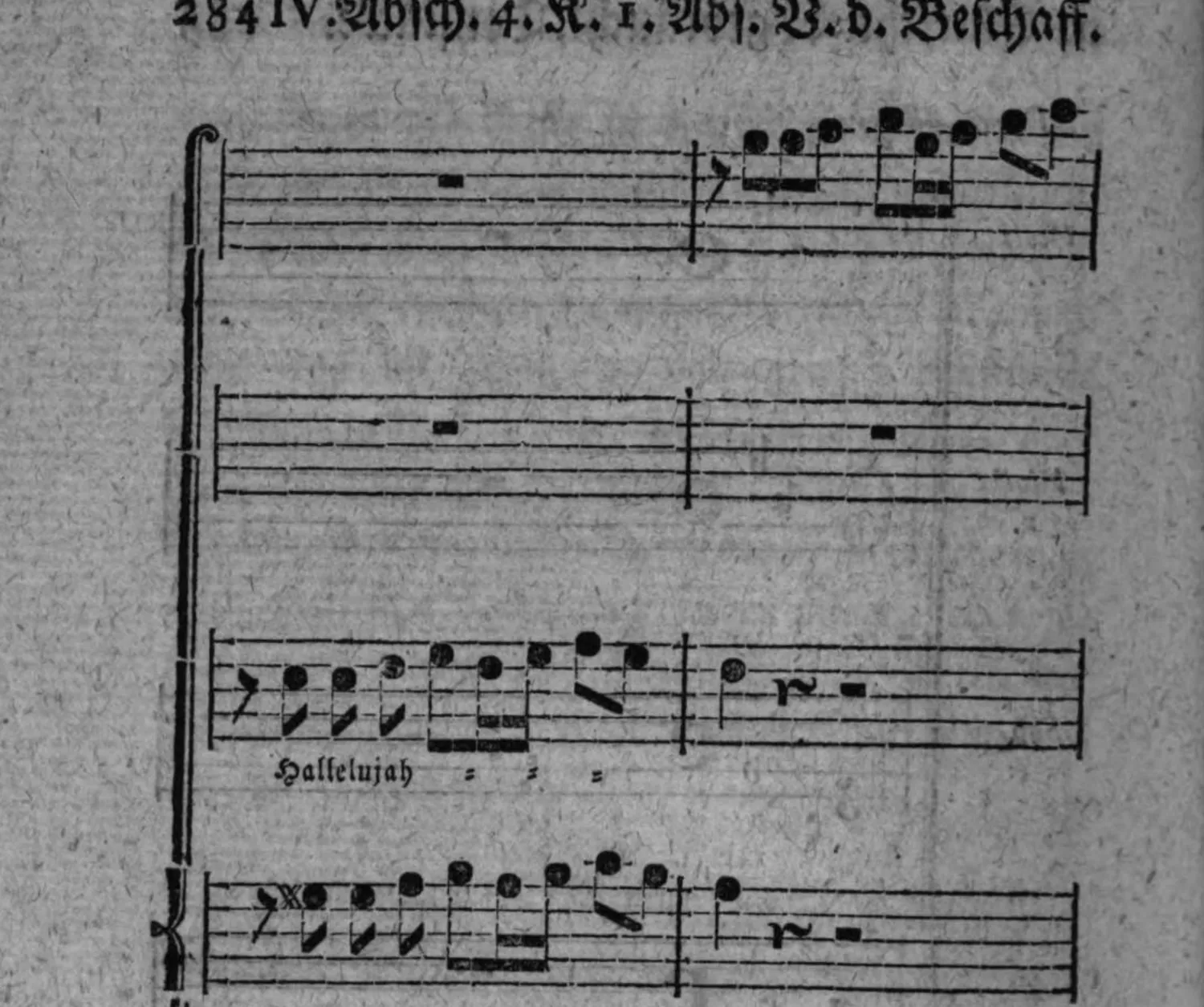 Notenbeyspiel: Fortsetzung der fugirten Partitur; Violi 1. mit Einsatz, Violi 2. mit Pausen, Sop. mit Einsatz (mit Textunterlegung »Hallelujah = = =«), Alt. mit Einsatz