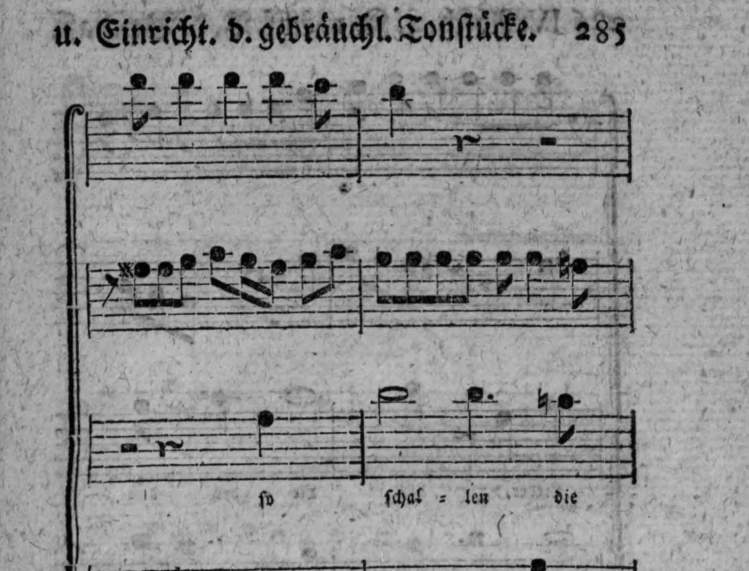 Notenbeyspiel: Fortsetzung; Violi 1. mit Einsatz, Violi 2. mit Einsatz, Sop. mit Einsatz (mit Textunterlegung »so schaf = len die«)