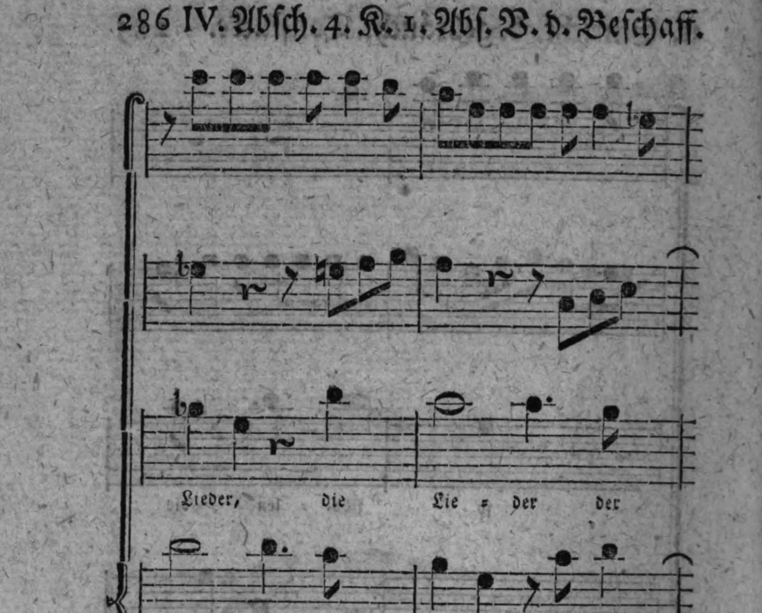 Notenbeyspiel: Fortsetzung, vier Systeme mit Textunterlegung: »Lieder, die«, »Lie = der der«, weitere Einsätze