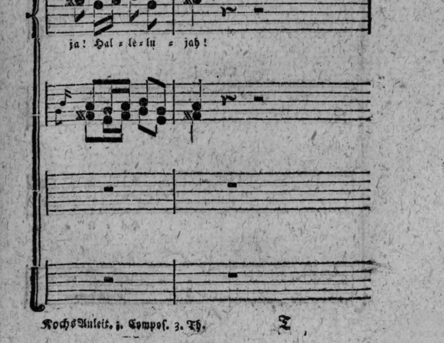 Notenbeyspiel: Schluß; System mit Textunterlegung »ja! Hal = le = lu = jah!«, letztes melismatisches System, danach zwey Systeme mit Pausen (Ausklang)