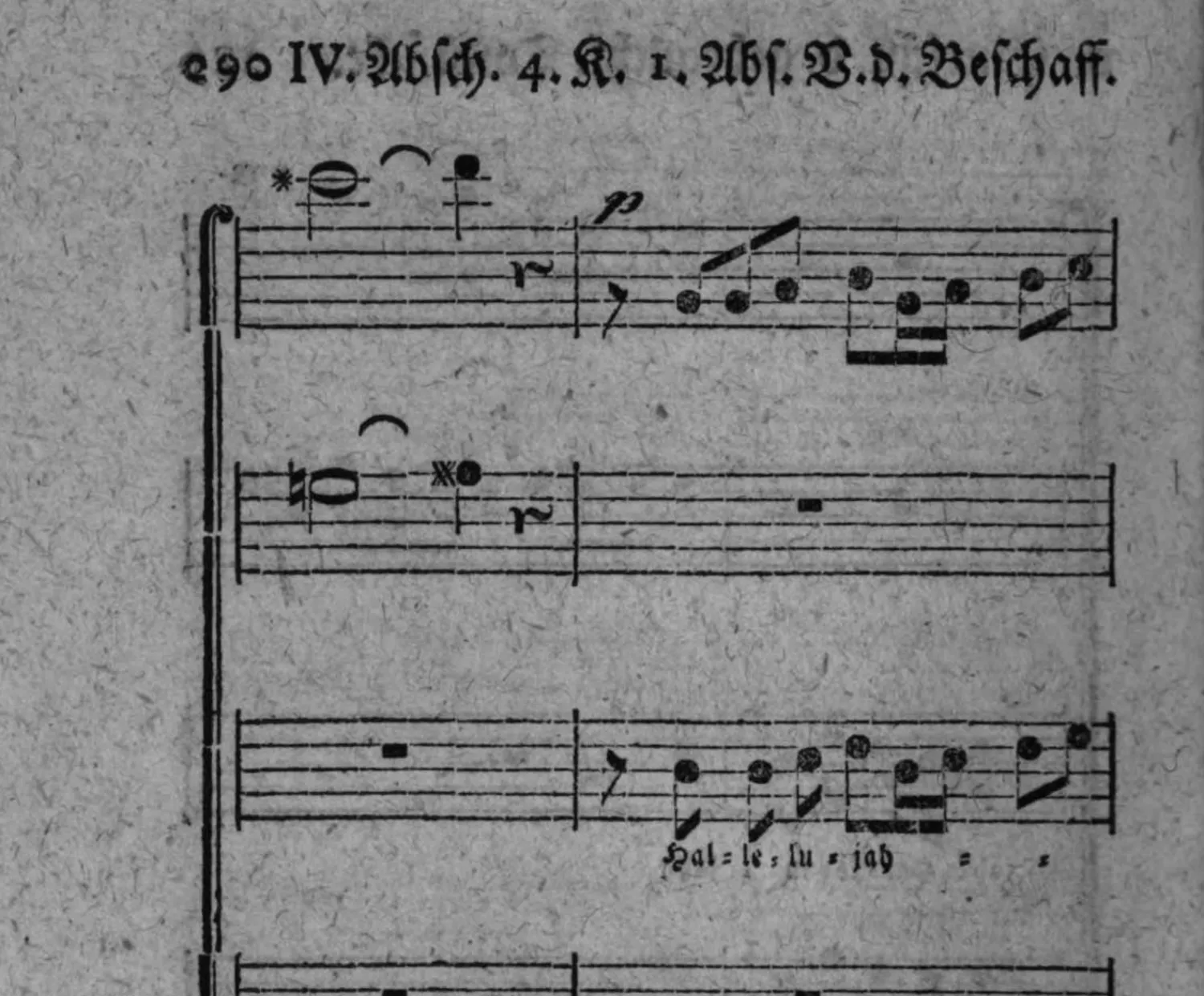 Notenbeyspiel: Schluß des fugirten Beyspiels; drey Systeme, oberstes mit »p«, unteres mit Textunterlegung »Hal = le = lu = jah = =«