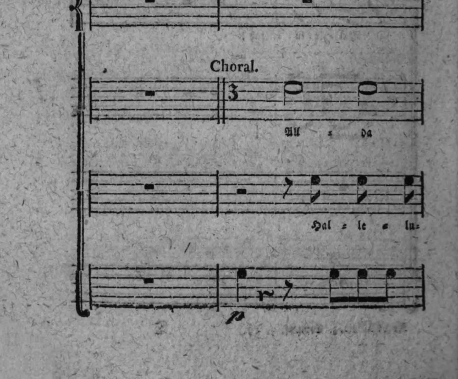 Notenbeyspiel: neues Beyspiel »Choral.«, im Dreyertakt, mit Textunterlegung »All = da« (ganze Noten) bzw. »Hal = le = lu=« (mit »p«)