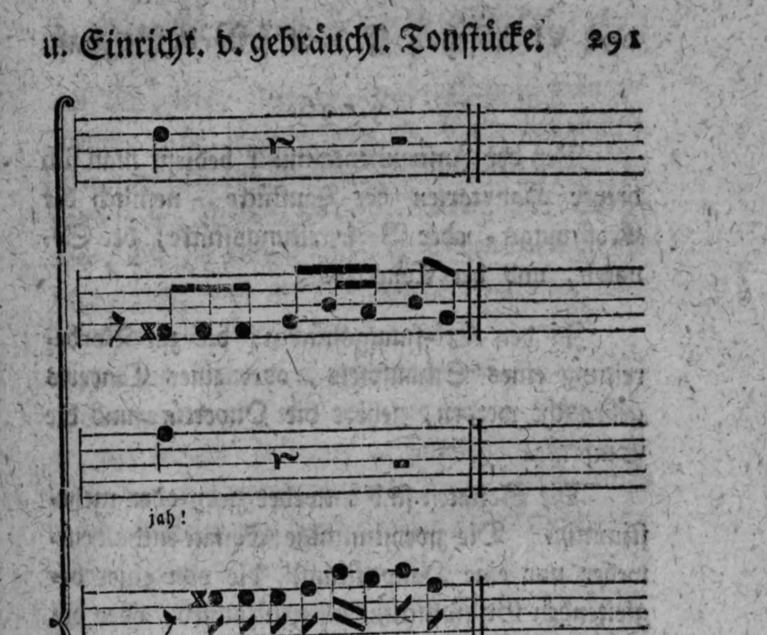 Notenbeyspiel: Fortsetzung; drey Systeme mit Textunterlegung »jah!« und »Hallelu = jah! Hal = lelu = etc.«