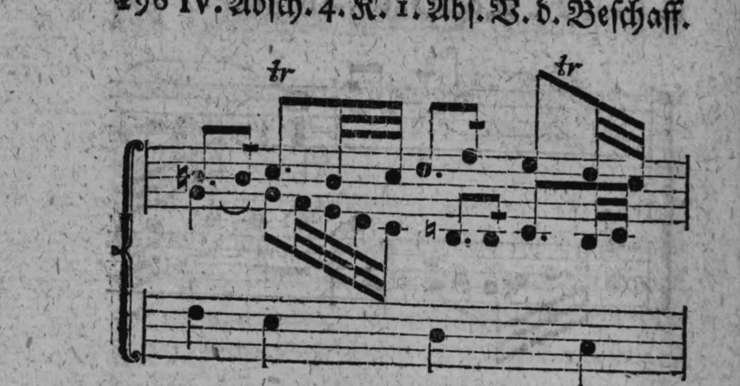 Notenbeyspiel: Fortsetzung des Fugensazzes, mit Trillern (»tr«); zwey Systeme