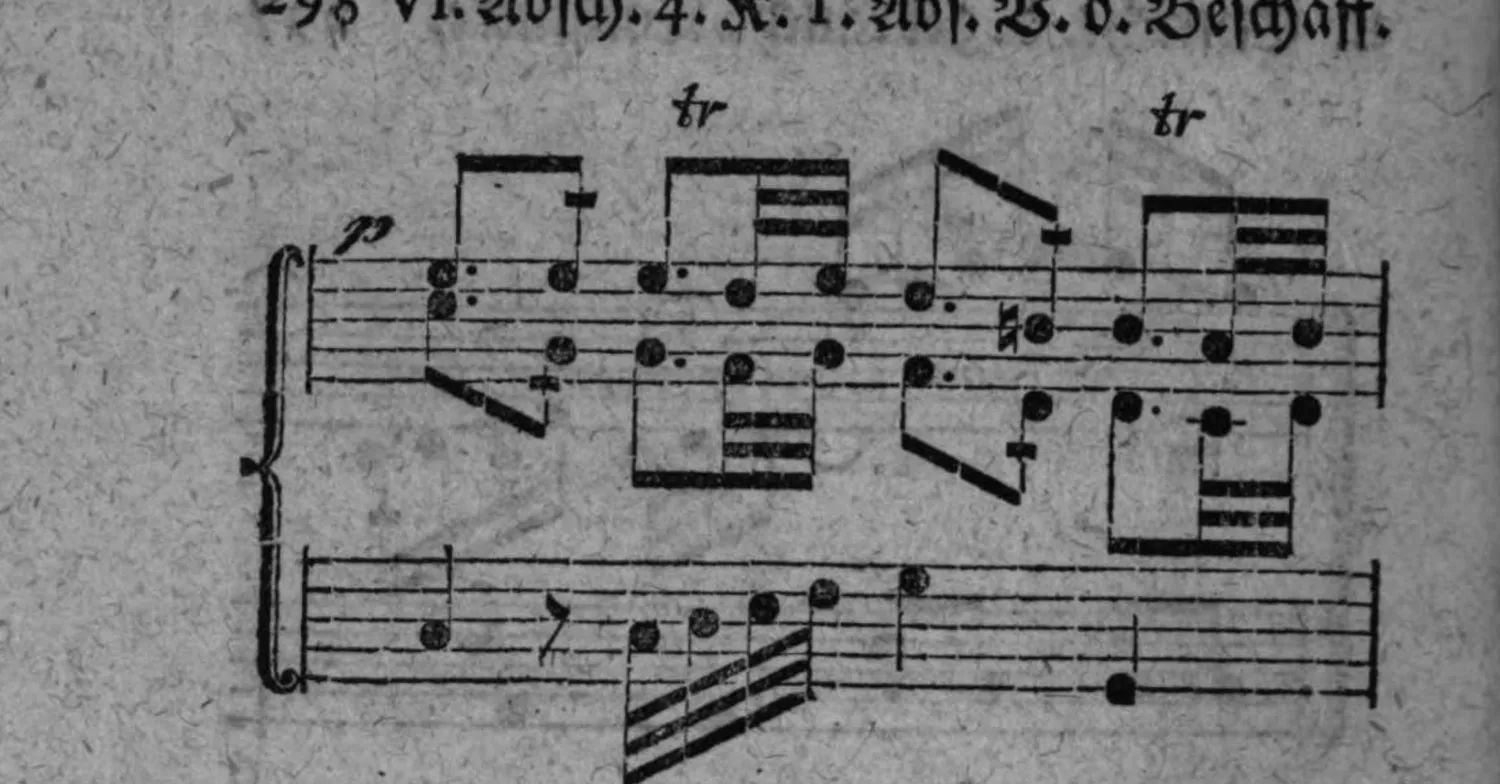 Notenbeyspiel: Fortsetzung, mit »p« und Trillern (»tr«); zwey Systeme