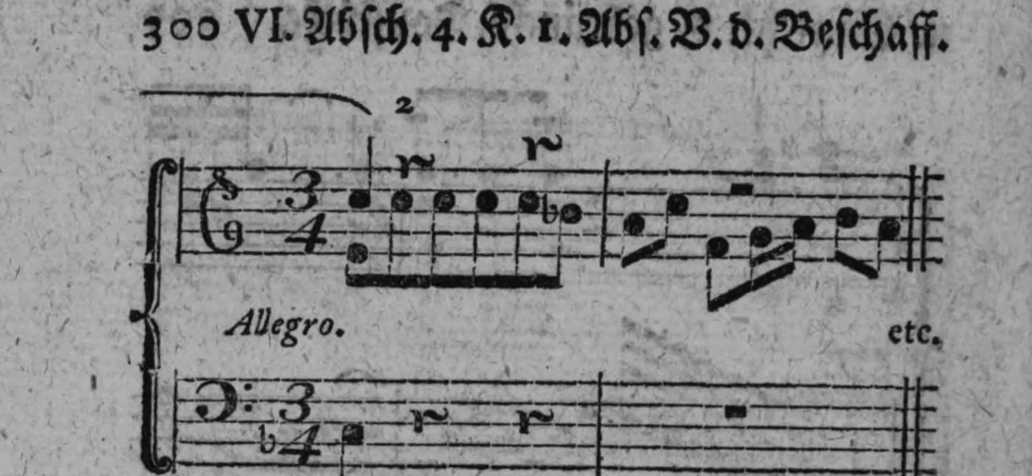 Notenbeyspiel: Fortsetzung der zweyten Volte »2«, »Allegro.«, im Dreyviertel=Takt, zwey Systeme, endet mit »etc.«