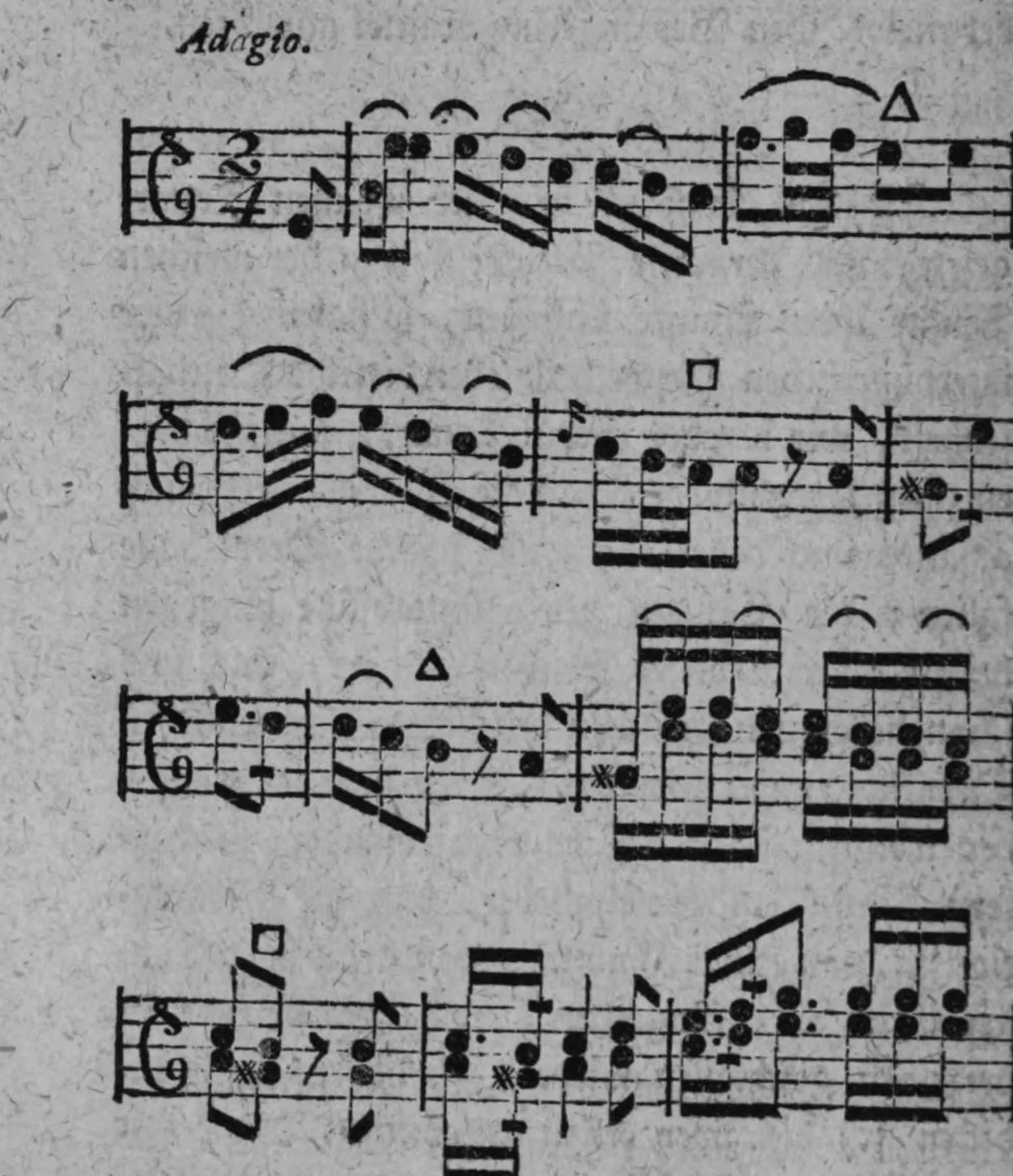 Notenbeyspiel: Adagio, 2/4-Takt, Solostimme (Tenorschlüssel), vier Systeme, Beispiel zur Modulation des ersten Perioden von der weichen Tonart über die Terz in die harte Tonart