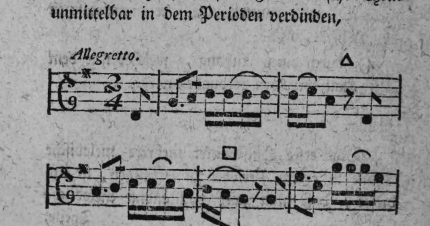 Notenbeyspiel: Allegretto, 2/4-Takt, Solostimme (Tenorschlüssel), zwey vollständige melodische Theile unmittelbar verbunden