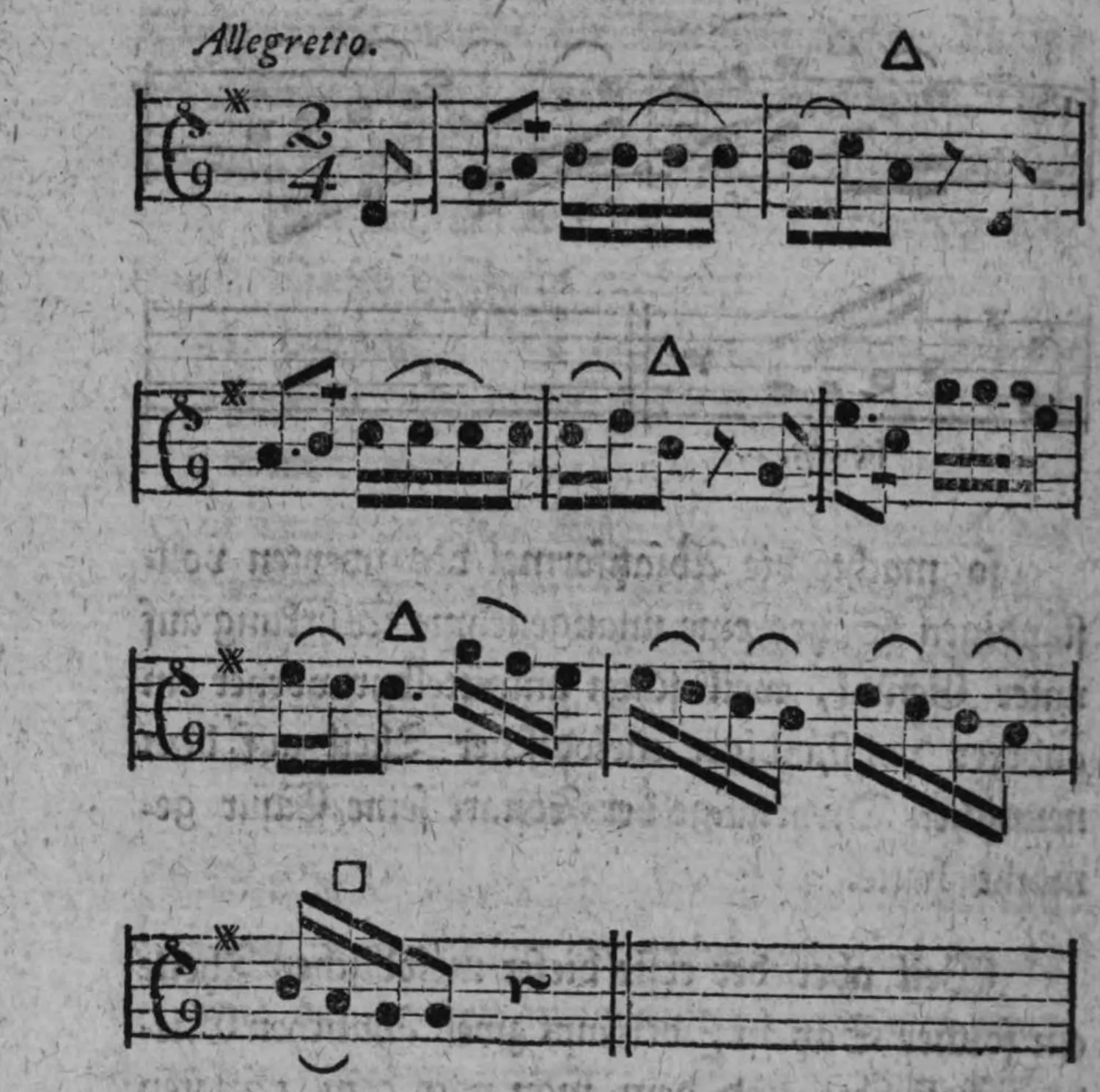 Notenbeyspiel: Allegretto, 2/4-Takt, Solostimme (Tenorschlüssel), vier Systeme, Beyspiel zur Verbindung zweyer vollständiger Säze durch verminderte Vollständigkeit der Cäsur des ersten