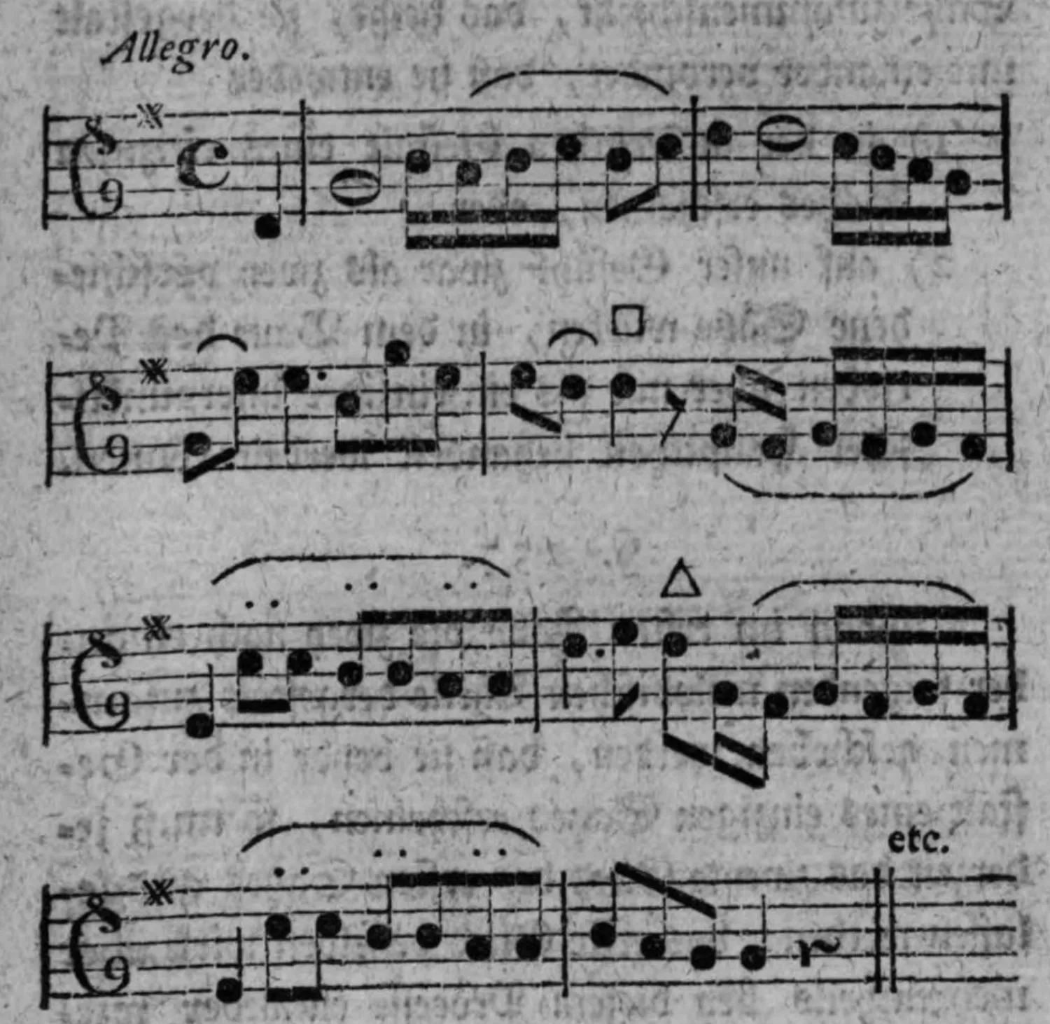 Notenbeyspiel: Allegro, Alla-breve-Takt, Solostimme (Tenorschlüssel), vier Systeme, Beyspiel zur Verbindung zweyer melodischer Theile durch innere Beziehung, endet mit »etc.«