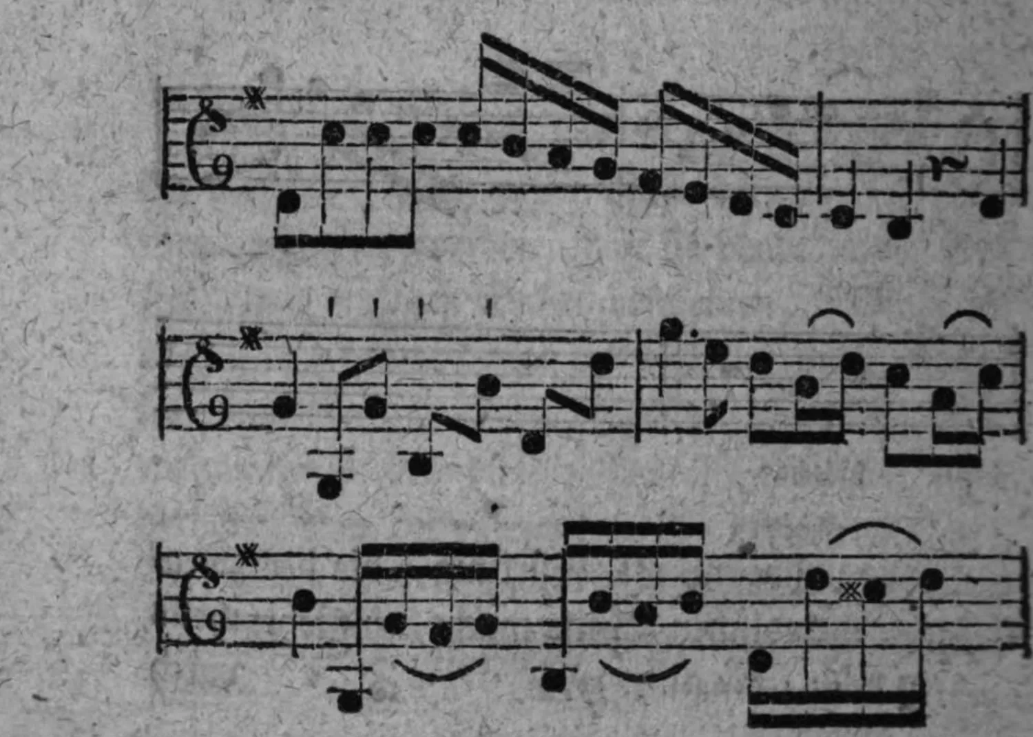 Notenbeyspiel: Solostimme (Tenorschlüssel), drey Systeme, Beyspiel zur Verbindung zweyer Säze durch Wegwerfen des zweyten Gliedes des ersten Sazzes