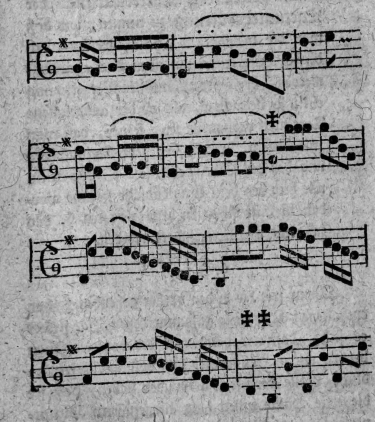 Notenbeyspiel: Solostimme (Tenorschlüssel), vier Systeme, Fortsetzung des Beyspiels mit den Verweiszeichen ✠ (drittes System) und ✠✠ (viertes System)