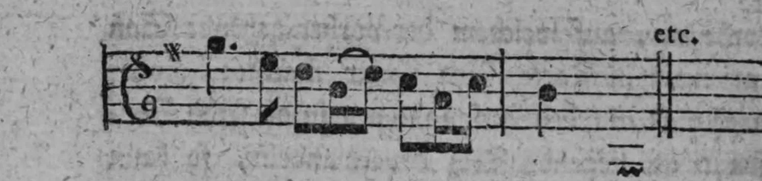 Notenbeyspiel: Solostimme (Tenorschlüssel), ein System, Schluß des Beyspiels, endet mit »etc.«