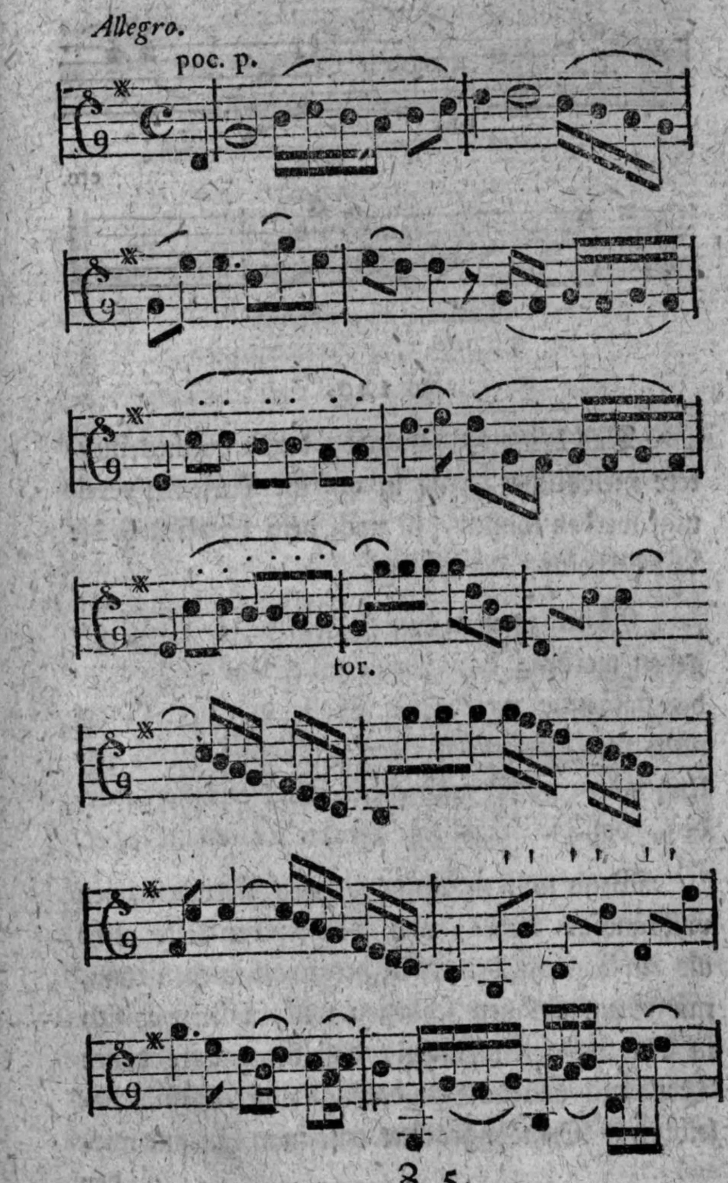 Notenbeyspiel: Allegro, Alla-breve-Takt, Solostimme (Tenorschlüssel), sieben Systeme, mit den Dynamikbezeichnungen »poc. p.« (poco piano) und »for.« (forte), Beyspiel für die erste Hälfte eines lang ausgeführten Hauptperioden
