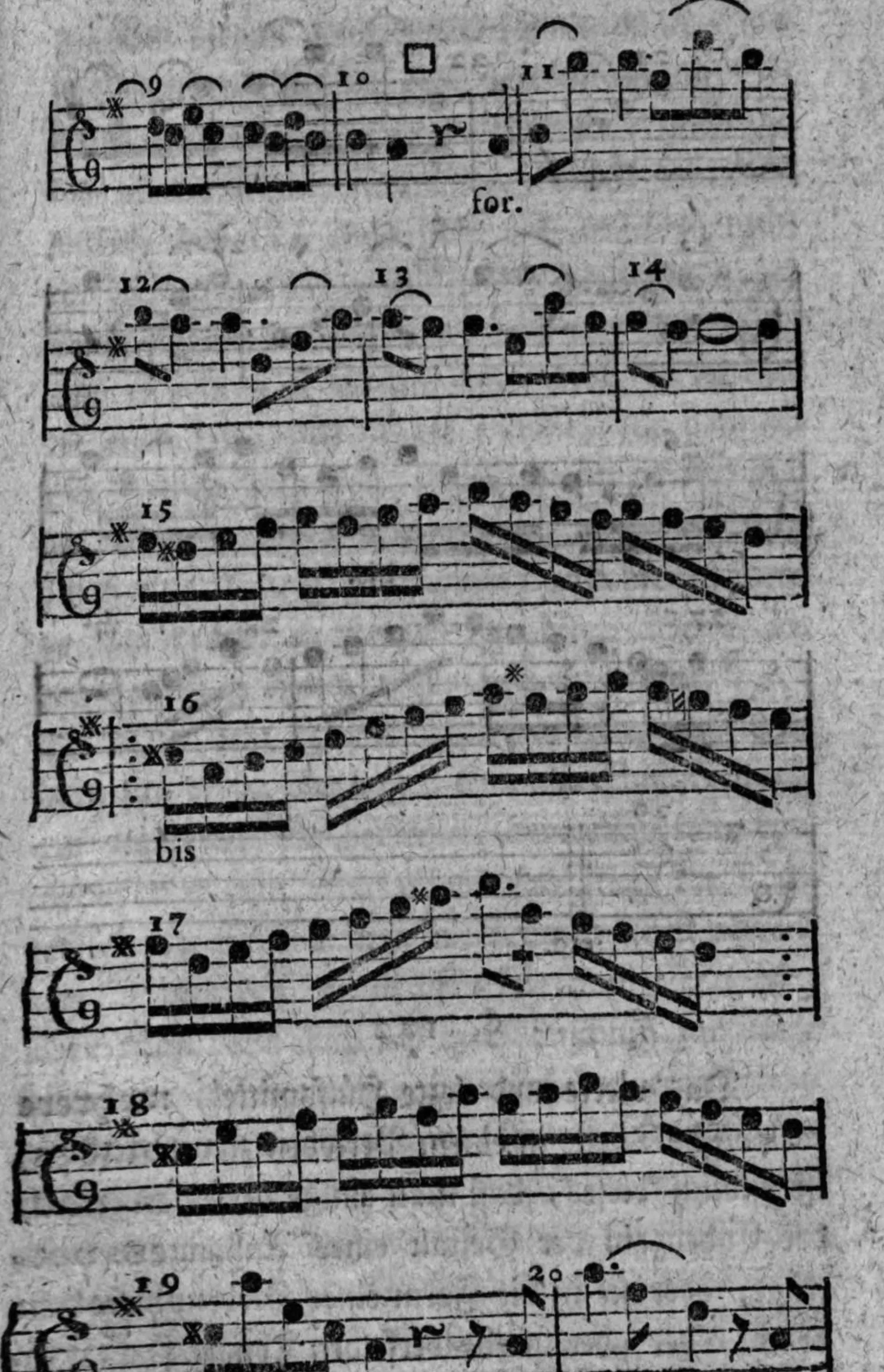 Notenbeyspiel: Solostimme (Tenorschlüssel), Fortsetzung, durchnumerierte Tacte 9–20, mit den Bezeichnungen »for.« (forte) und »bis«
