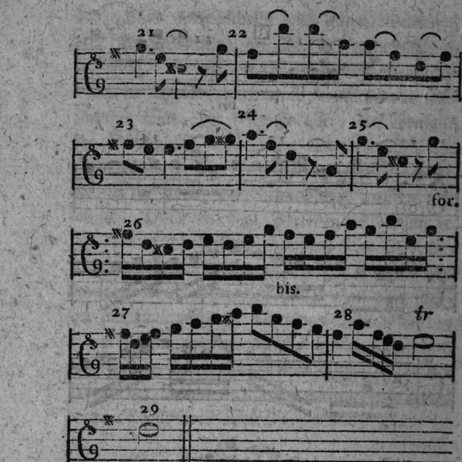 Notenbeyspiel: Solostimme (Tenorschlüssel), Fortsetzung und Schluß des Beyspiels, durchnumerierte Tacte 21–29, mit »for.«, »bis« und »tr«, endet mit Doppelstrich