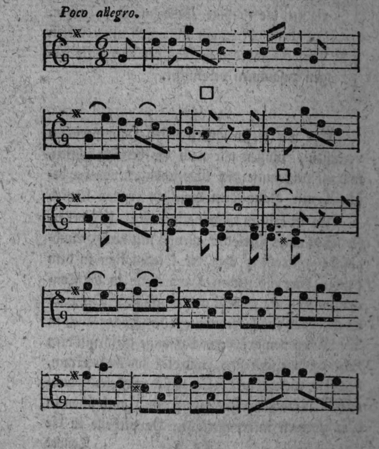 Notenbeyspiel: Solostimme (Tenorschlüssel), 6/8-Takt, fünf Systeme ohne Tactzählung