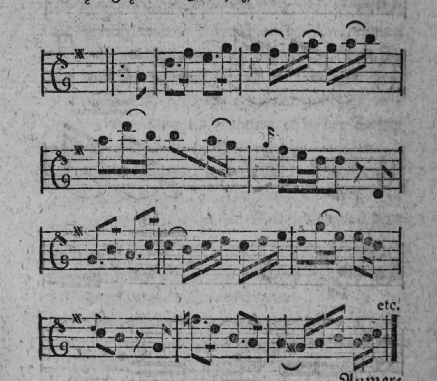 Notenbeyspiel: Solostimme, vier Systeme ohne Tactzählung, endet mit »etc.«