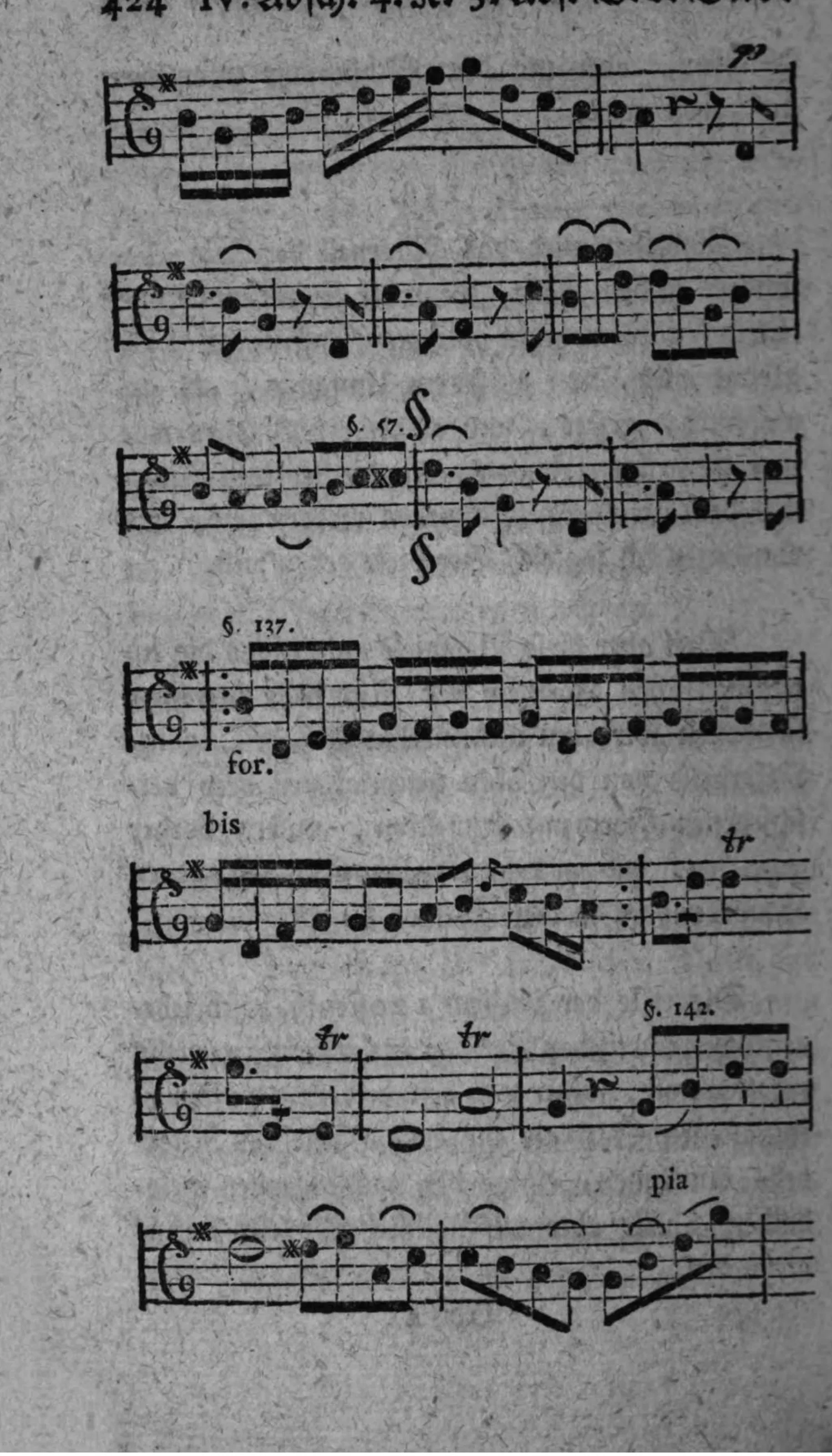 Notenbeyspiel: Solostimme, sechs Systeme mit Randbezeichnungen »§. 57.«, »§. 137.«, »§. 142.«, den Vortragsbezeichnungen »for.«, »bis«, »pia« und mehreren Trillerzeichen
