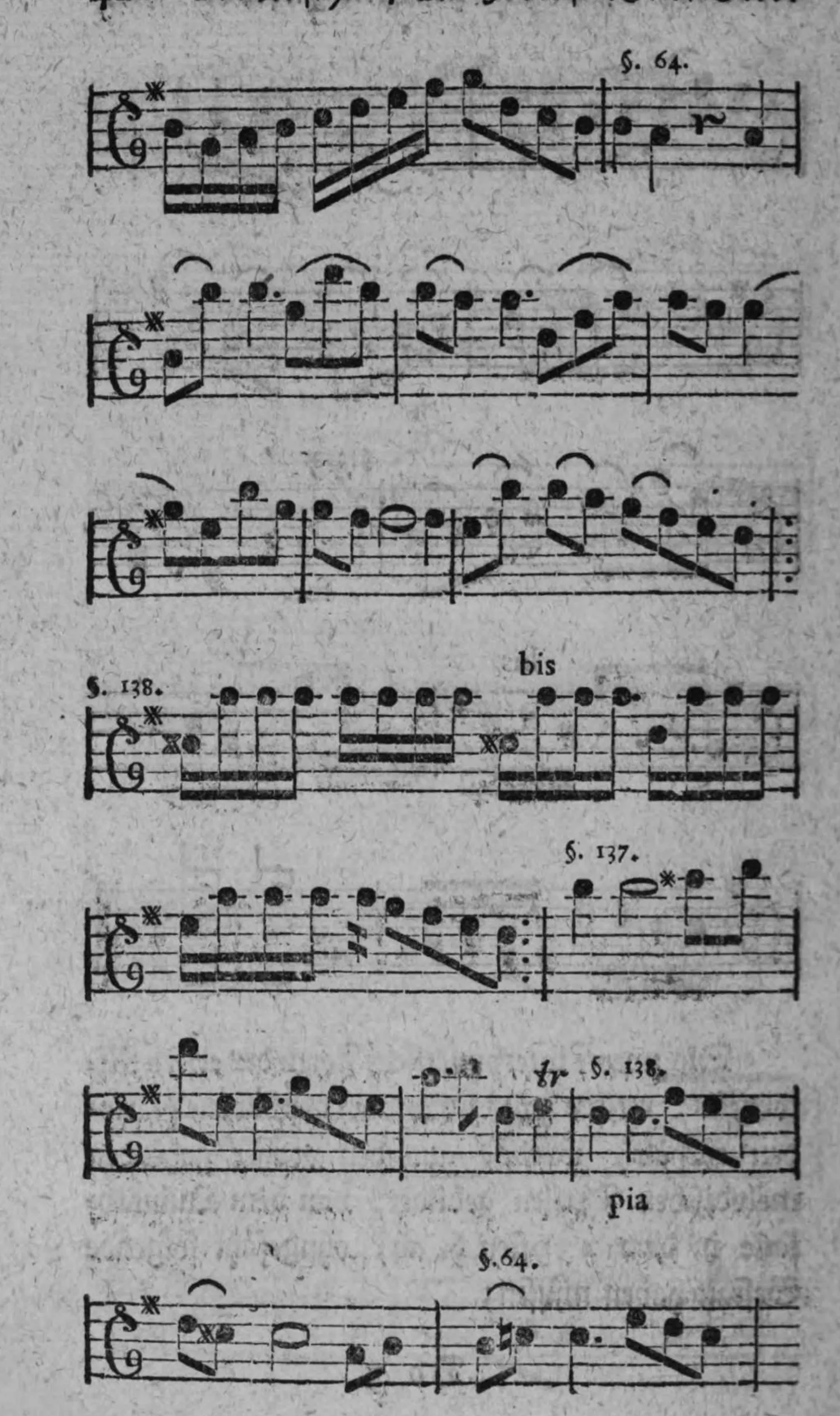 Notenbeyspiel: Solostimme, sieben Systeme mit Randbezeichnungen »§. 64.«, »§. 138.«, »§. 137.«, den Vortragsbezeichnungen »for.«, »bis«, »pia«