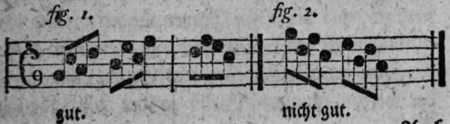 Notenbeyspiele: fig. 1 gut, fig. 2 nicht gut, Quarten mit dazwischen stehender Terz