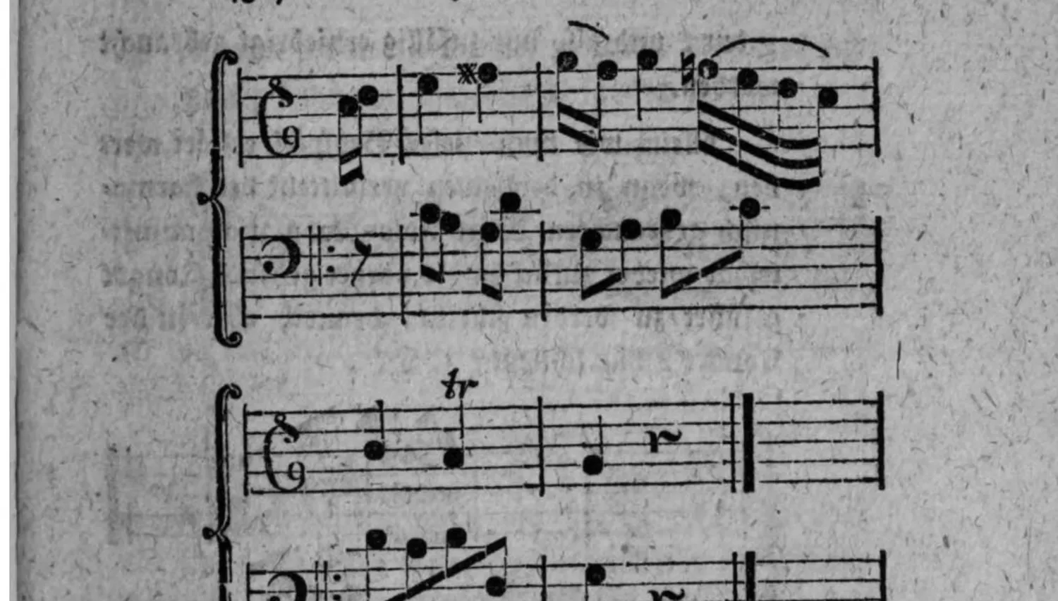 Notenbeyspiel: zweistimmiges Beispiel (Violin- und Baßschlüssel), in welchem der Ton fis nach dem ersten Takt zwar wieder abgeändert wird, ohne daß dadurch der Fortgang der Tonart g dur aufgehoben würde