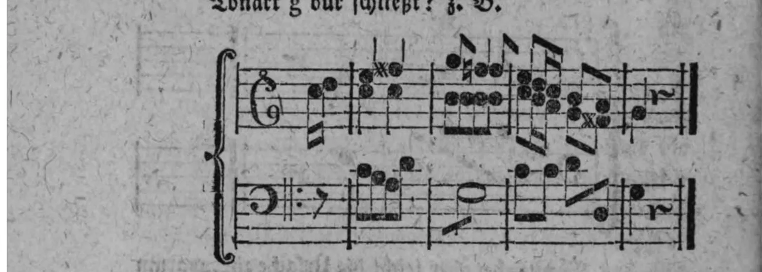 Notenbeyspiel: zweistimmiges Beispiel (Violin- und Baßschlüssel), in welchem der harmonisch gebrauchte Ton f die Modulation scheinbar zurück in die vorhergehende Tonart c dur führt, der Saz aber dennoch in g dur schließt