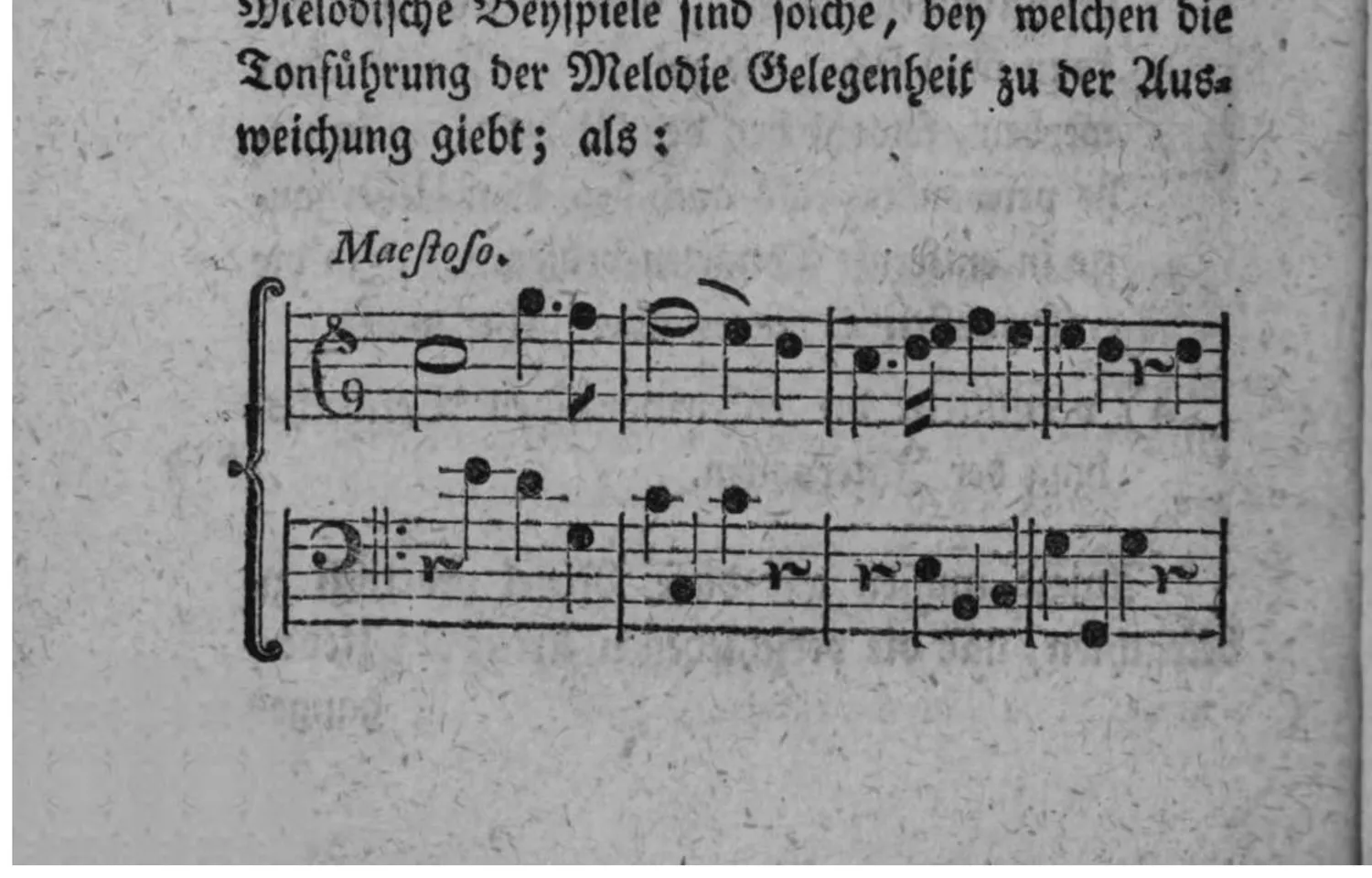 Notenbeyspiel: Maestoso, zweistimmiges Beispiel (Violin- und Baßschlüssel) einer melodischen Ausweichung in die Tonart der Quinte durch bloße Ergreiffung des characteristischen Tones