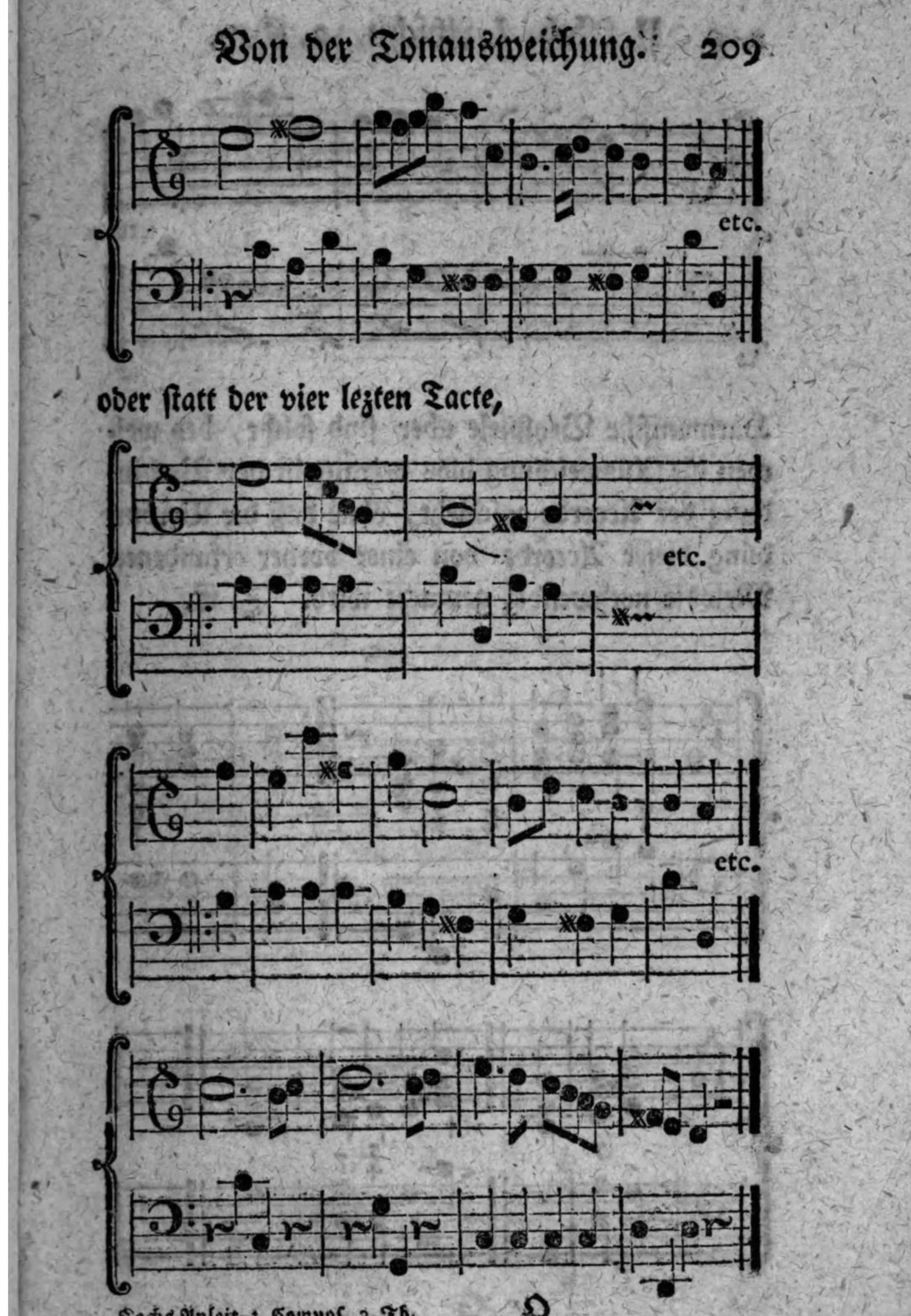 Notenbeyspiel: Fortsetzung des Maestoso-Beispiels sowie drey alternative Fassungen (»oder statt der vier lezten Tacte«) desselben melodischen Ausweichungsbeispiels