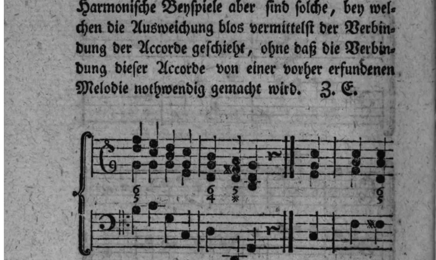 Notenbeyspiel: zwey zweistimmige Beispiele (Violin- und Baßschlüssel, mit Generalbaßbezifferung) einer harmonischen Ausweichung in die Tonart der Quinte durch bloße Ergreiffung des characteristischen Tones