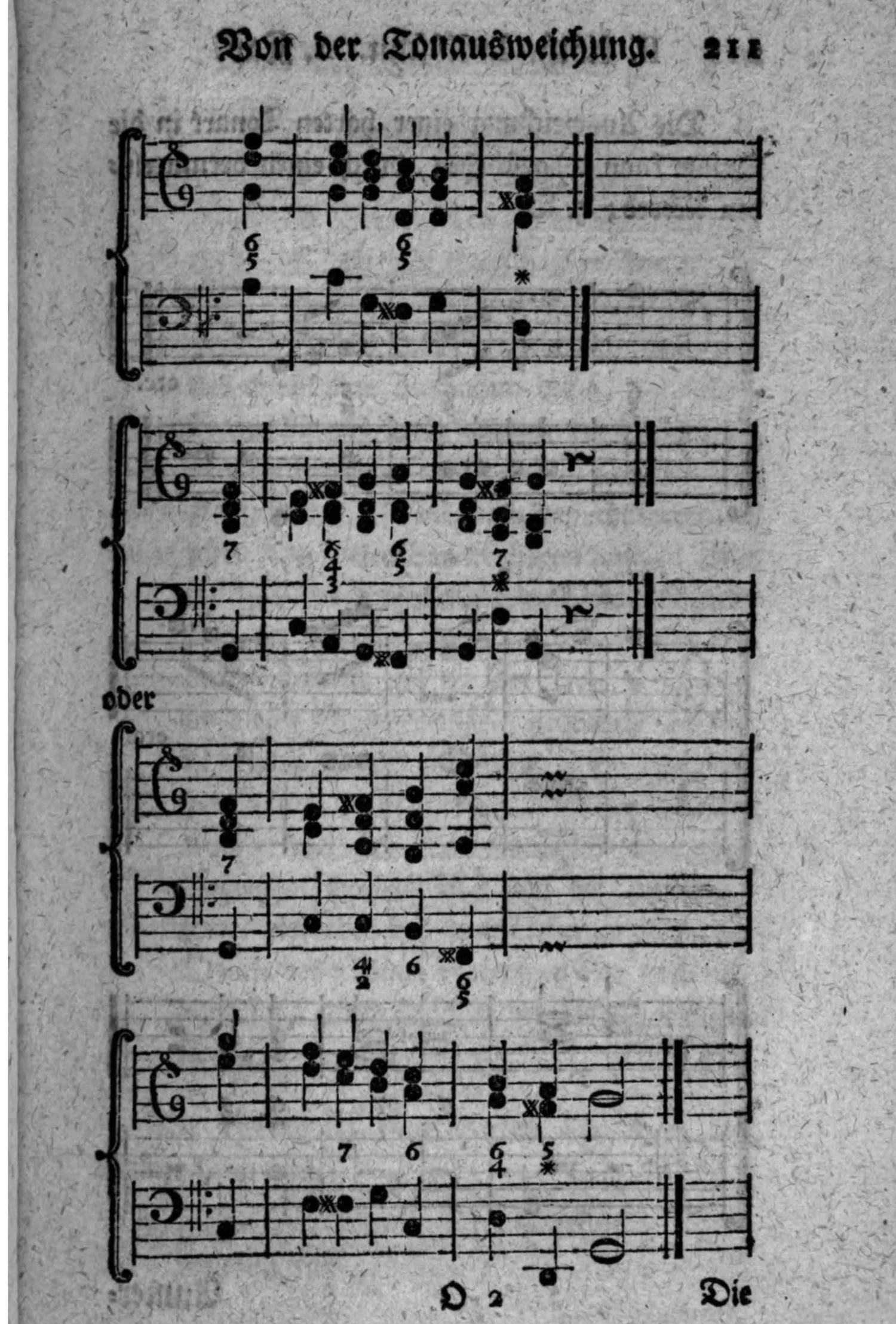 Notenbeyspiel: vier weitere alternative Fassungen (»oder«) der harmonischen Ausweichungsbeispiele, mit Generalbaßbezifferung