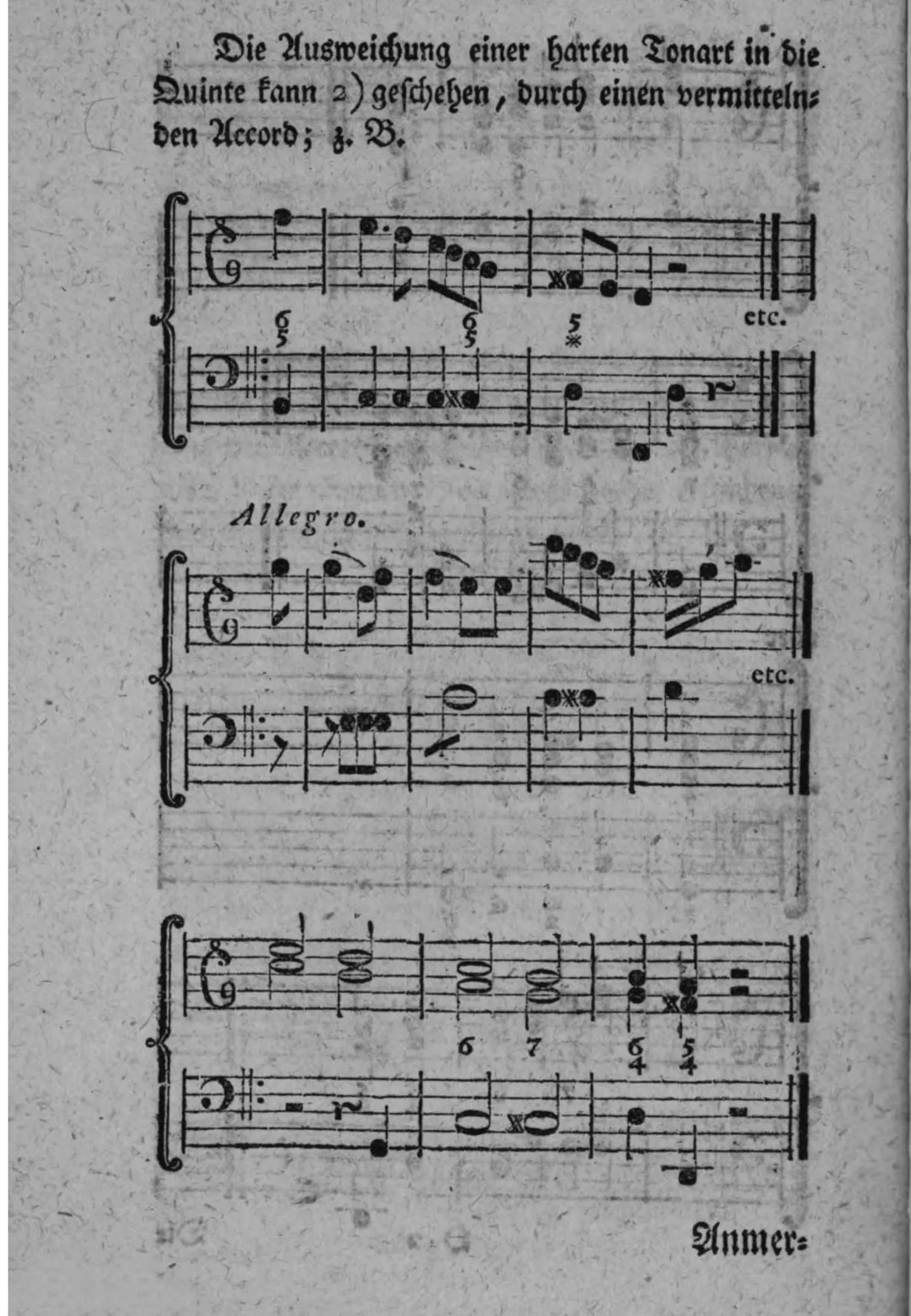 Notenbeyspiel: drey zweistimmige Beispiele (Violin- und Baßschlüssel, mit Generalbaßbezifferung), darunter Andante und Allegro, einer Ausweichung in die Tonart der Quinte durch einen vermittelnden Accord