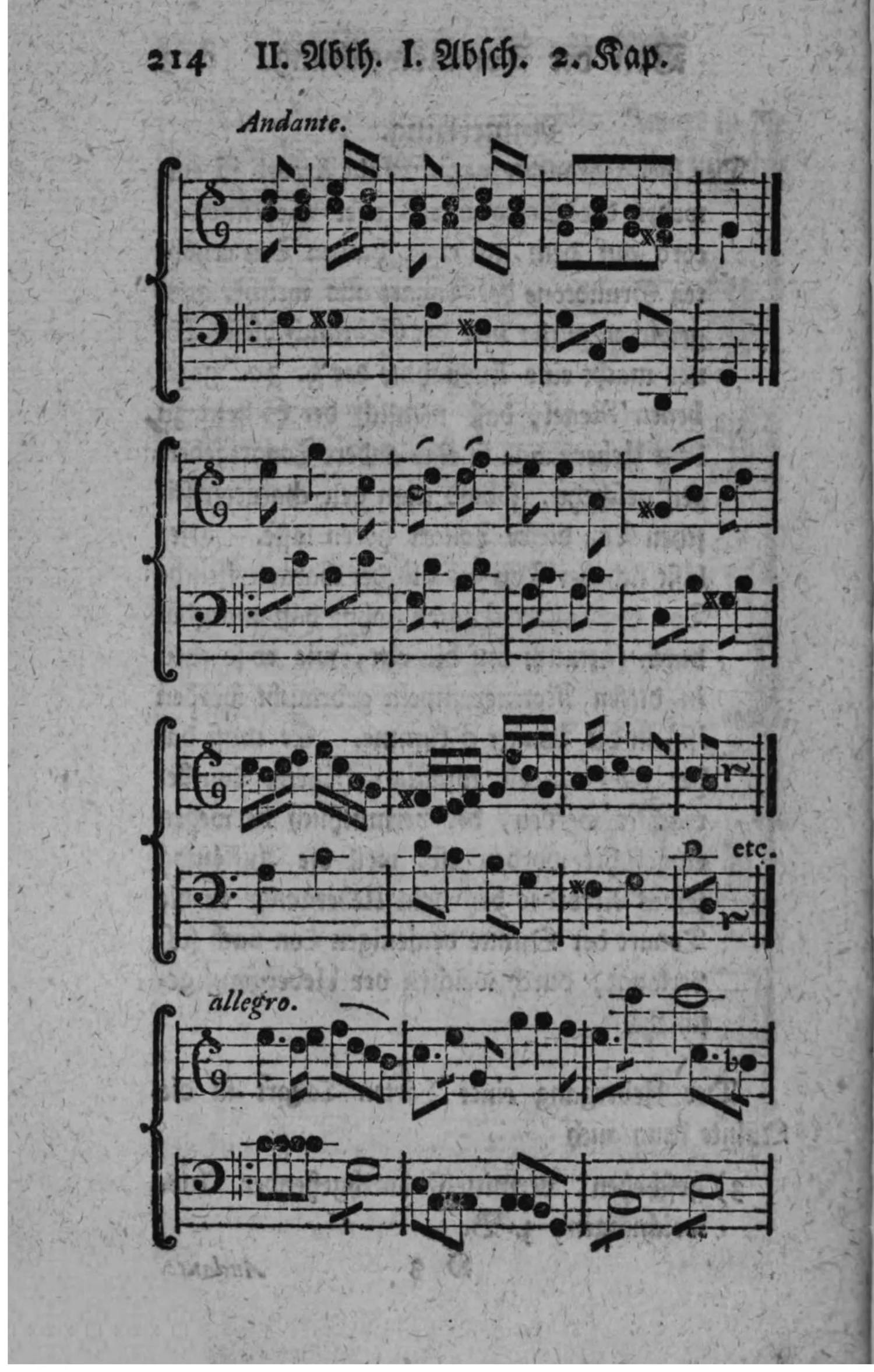 Notenbeyspiel: vier zweistimmige Beispiele (Violin- und Baßschlüssel, mit Generalbaßbezifferung), darunter Andante und allegro, einer Ausweichung in die Tonart der Quinte vermittelst durchgehender Ausweichungen