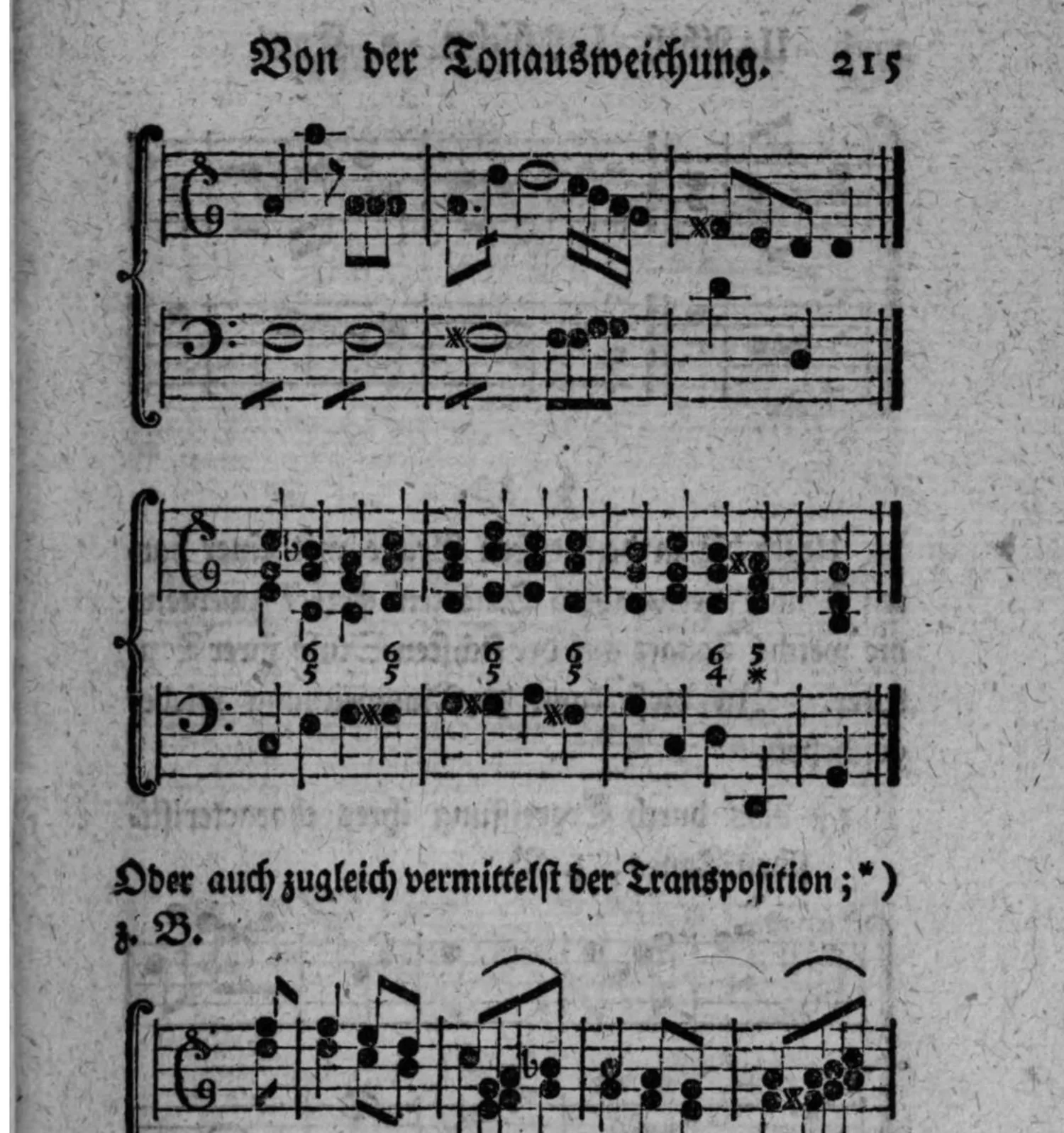 Notenbeyspiel: zwey weitere zweistimmige Beispiele (Violin- und Baßschlüssel, mit Generalbaßbezifferung) durchgehender Ausweichungen in die Tonart der Quinte