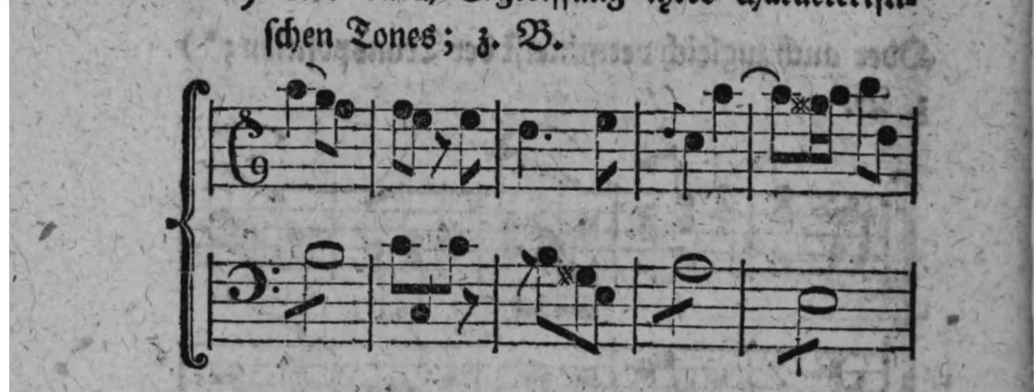 Notenbeyspiel: zweistimmiges Beispiel (Violin- und Baßschlüssel) einer Ausweichung in die weiche Tonart der sechsten Stufe durch bloße Ergreiffung ihres characteristischen Tones