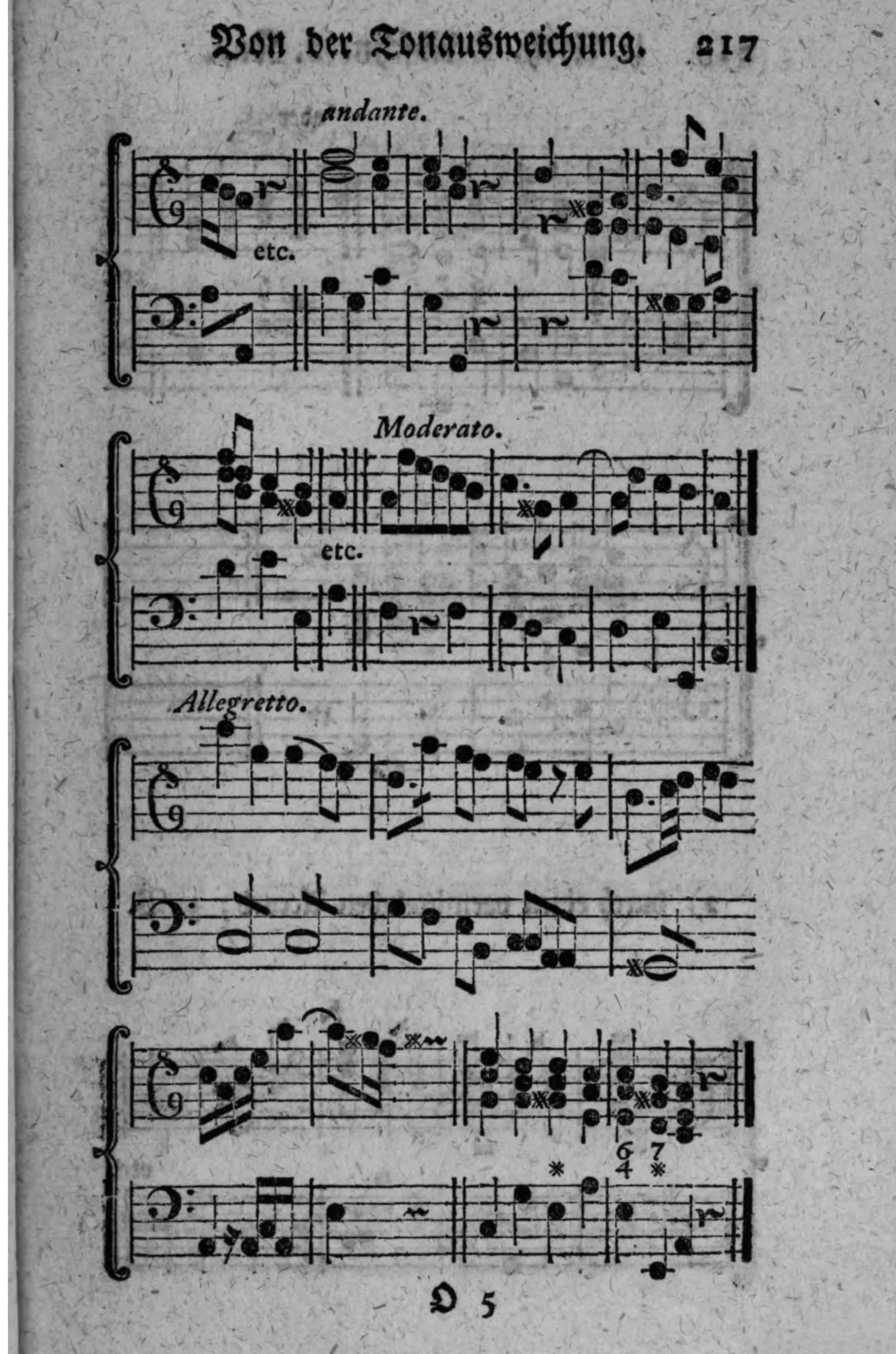 Notenbeyspiel: vier weitere zweistimmige Beispiele (Violin- und Baßschlüssel, mit Generalbaßbezifferung), darunter andante, Moderato und Allegretto, einer Ausweichung in die weiche Tonart der sechsten Stufe