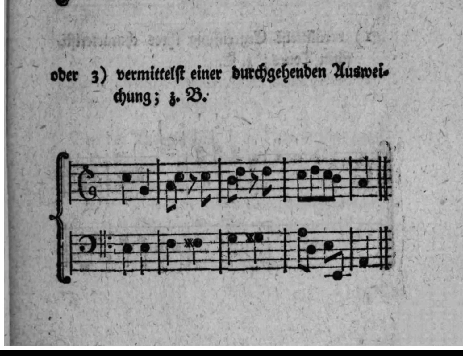 Notenbeyspiel: zweistimmiges Beispiel (Violin- und Baßschlüssel) einer Ausweichung in die weiche Tonart der sechsten Stufe vermittelst einer durchgehenden Ausweichung