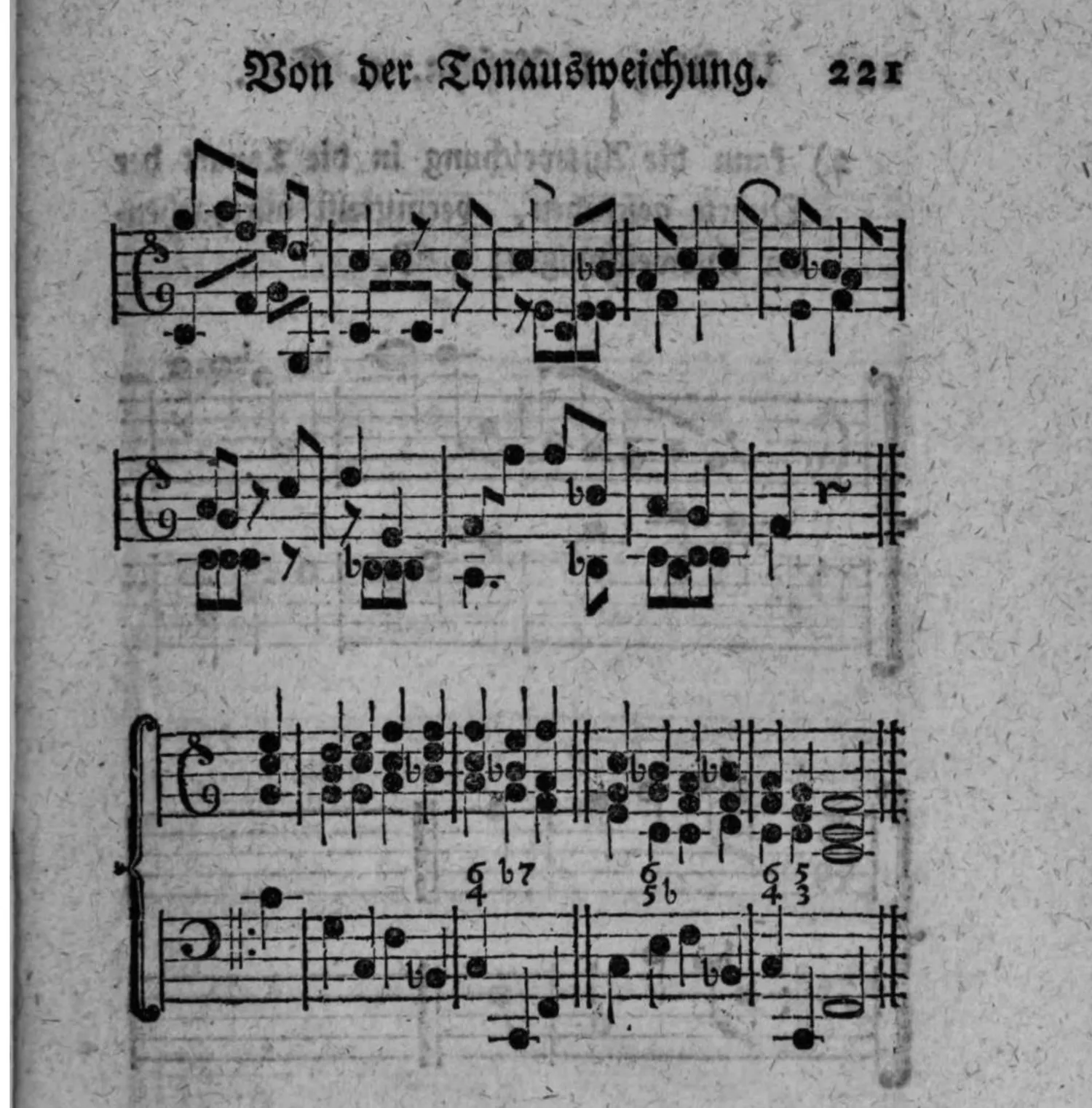 Notenbeyspiel: drey weitere zweistimmige Beispiele (Violin- und Baßschlüssel, mit Generalbaßbezifferung) einer Ausweichung in die harte Tonart der vierten Stufe durch bloße Ergreiffung ihres characteristischen Tones