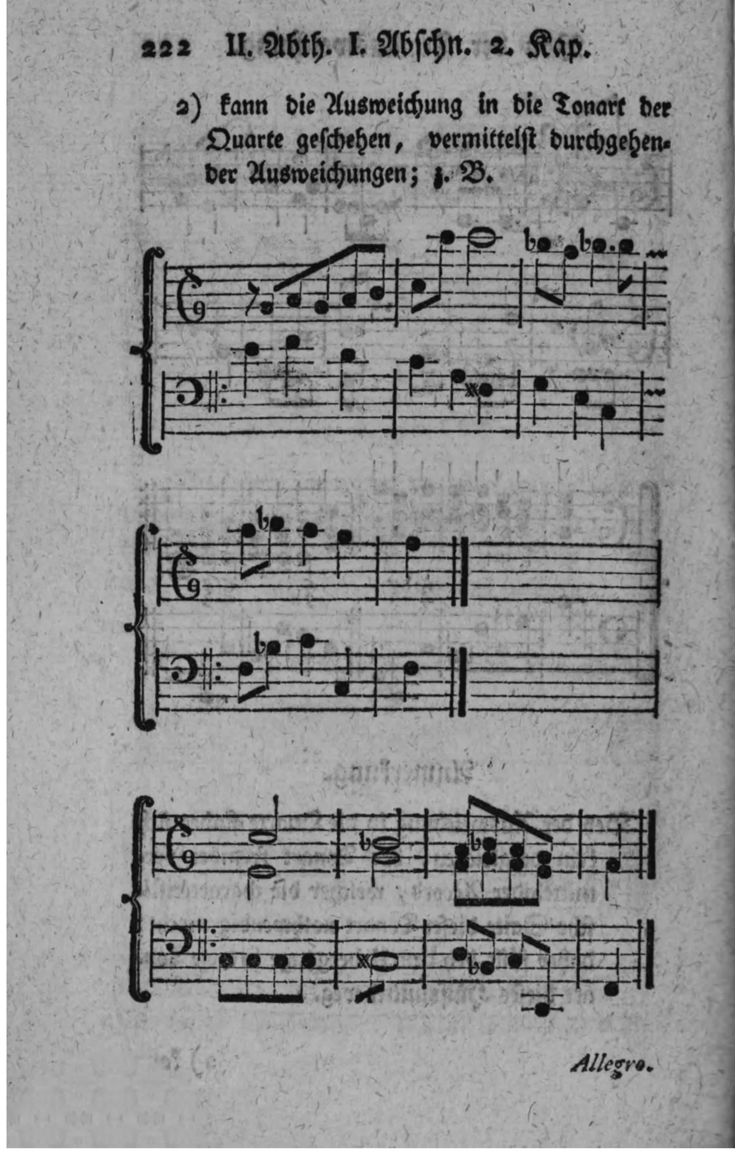 Notenbeyspiel: drey zweistimmige Beispiele (Violin- und Baßschlüssel, mit Generalbaßbezifferung), darunter Allegro, einer Ausweichung in die harte Tonart der vierten Stufe vermittelst durchgehender Ausweichungen