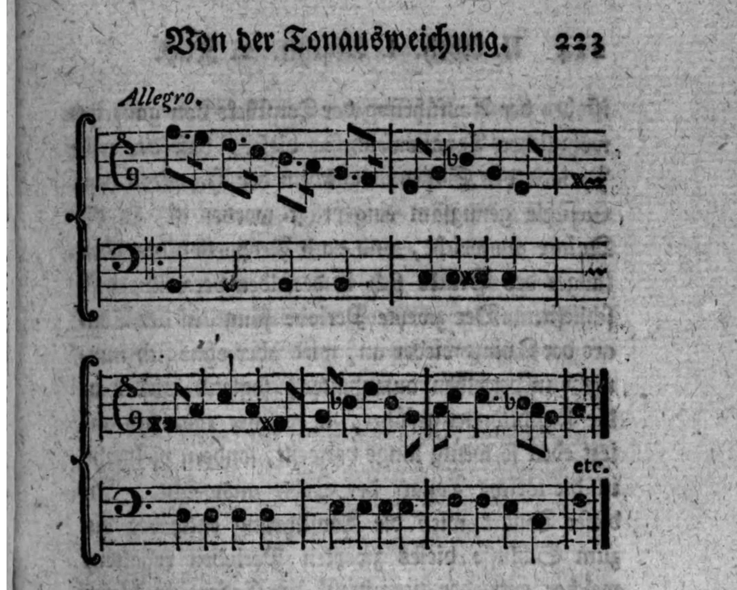 Notenbeyspiel: Fortsetzung (Allegro) der zweistimmigen Beispiele einer Ausweichung in die harte Tonart der vierten Stufe vermittelst durchgehender Ausweichungen