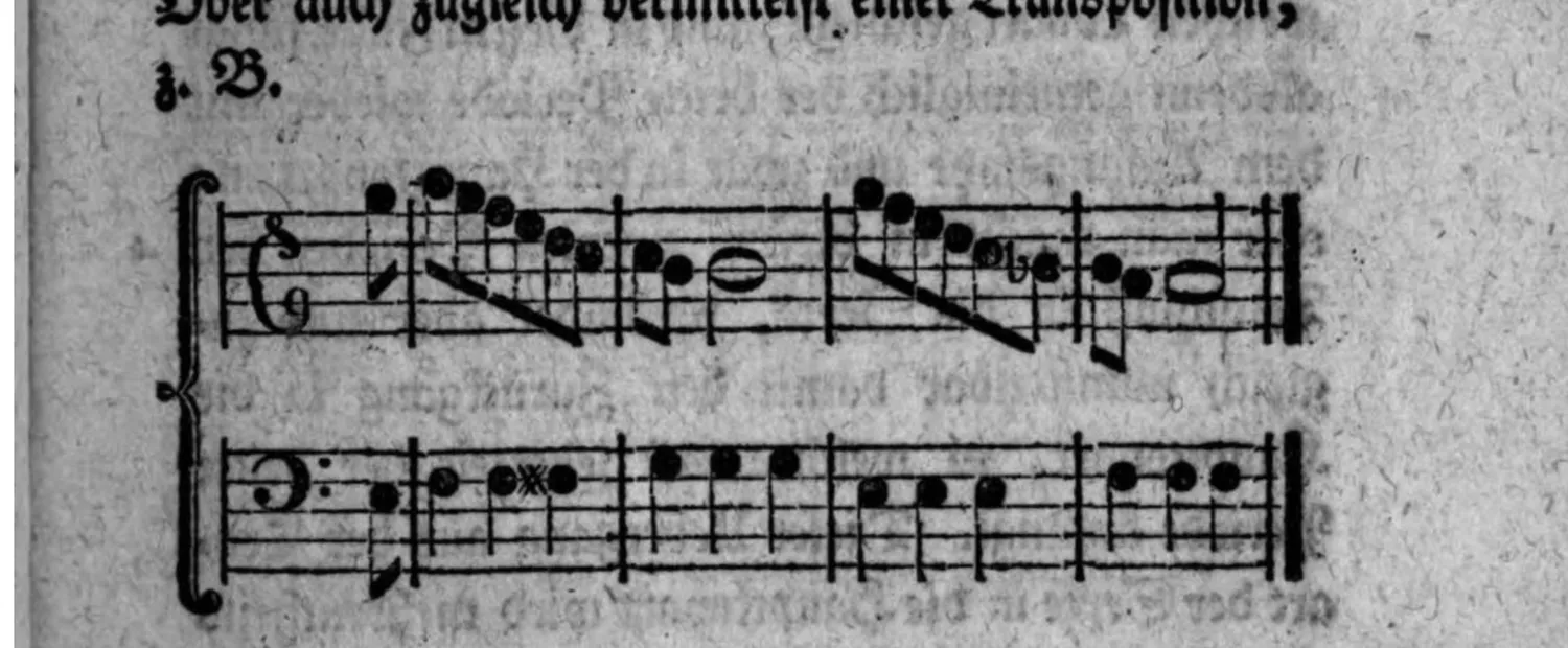 Notenbeyspiel: zweistimmiges Beispiel (Violin- und Baßschlüssel) einer Ausweichung in die harte Tonart der vierten Stufe zugleich vermittelst einer Transposition