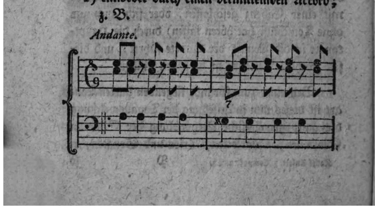Notenbeyspiel: zweistimmiges Beispiel (Violin- und Baßschlüssel, mit Generalbaßbezifferung), Andante, einer Ausweichung in die harte Tonart der Terz durch einen vermittelnden Accord