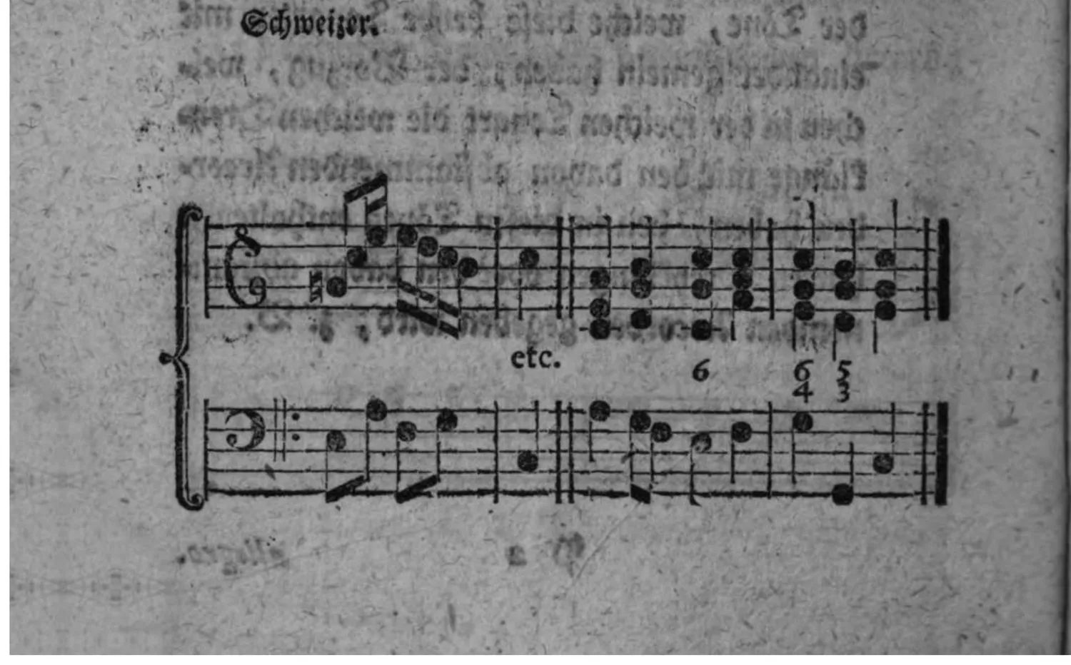 Notenbeyspiel: zweistimmiges Beispiel (Violin- und Baßschlüssel, mit Generalbaßbezifferung), im Charakter eines Schweizerliedes, als weiteres Beispiel derselben Verwechslung
